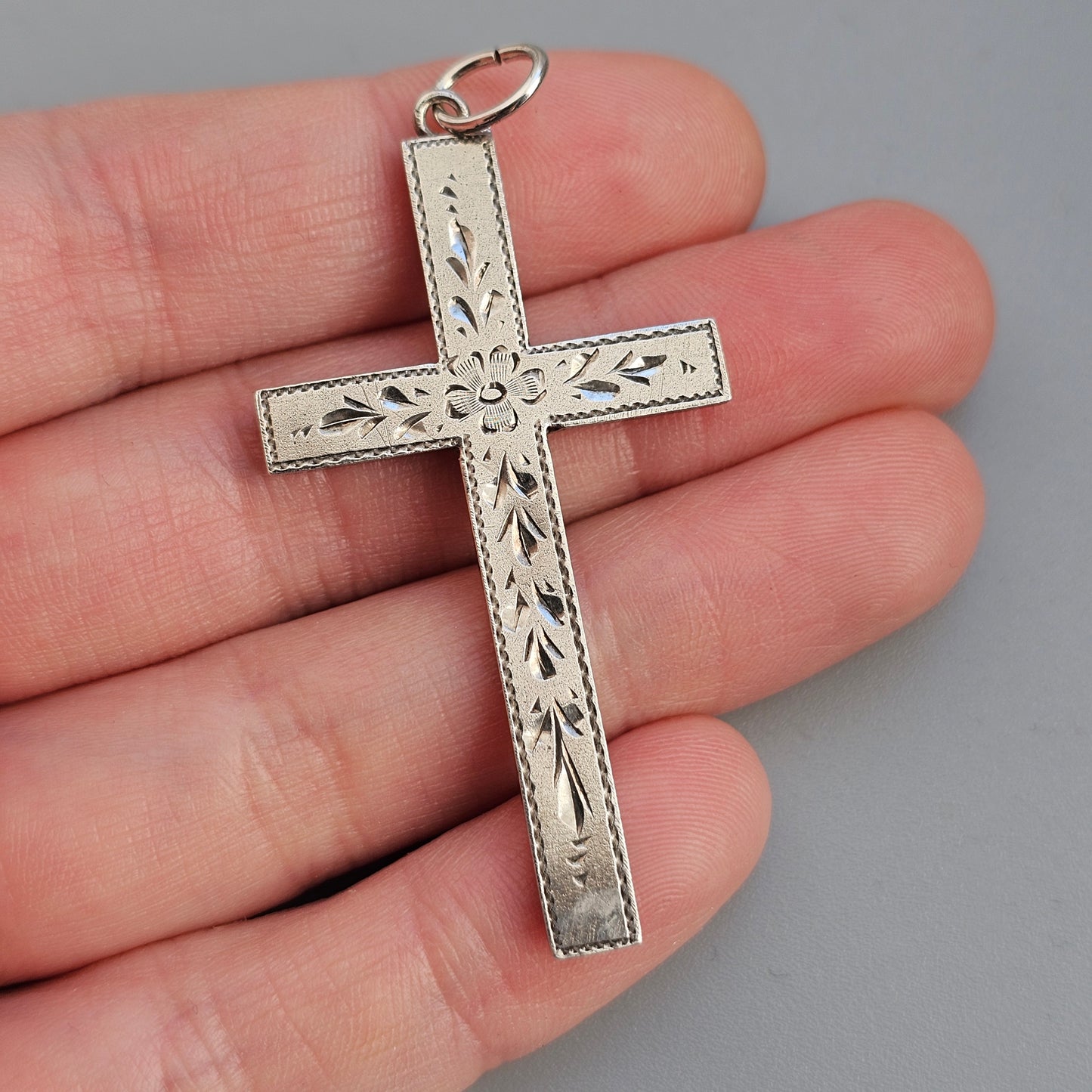 Antique Edwardian Silver Engraved Floral Cross Necklace Pendant