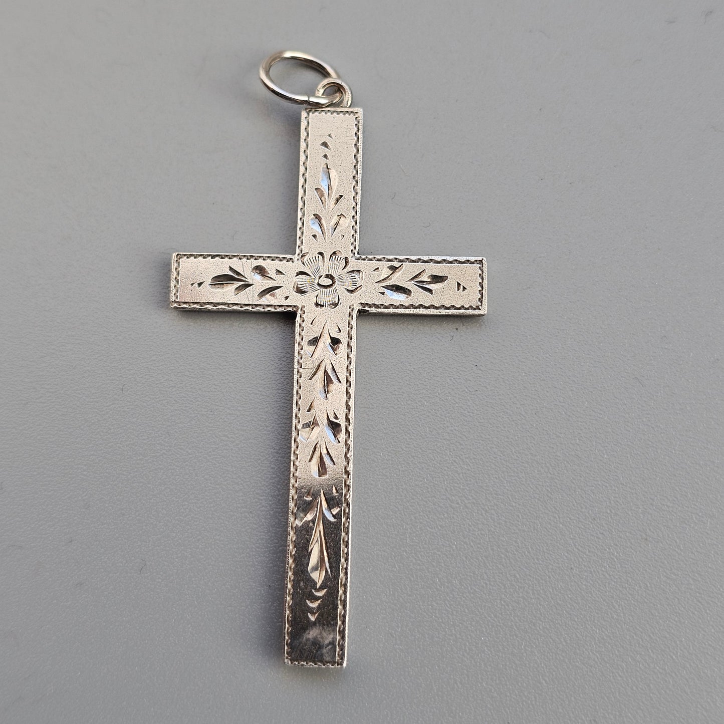 Antique Edwardian Silver Engraved Floral Cross Necklace Pendant