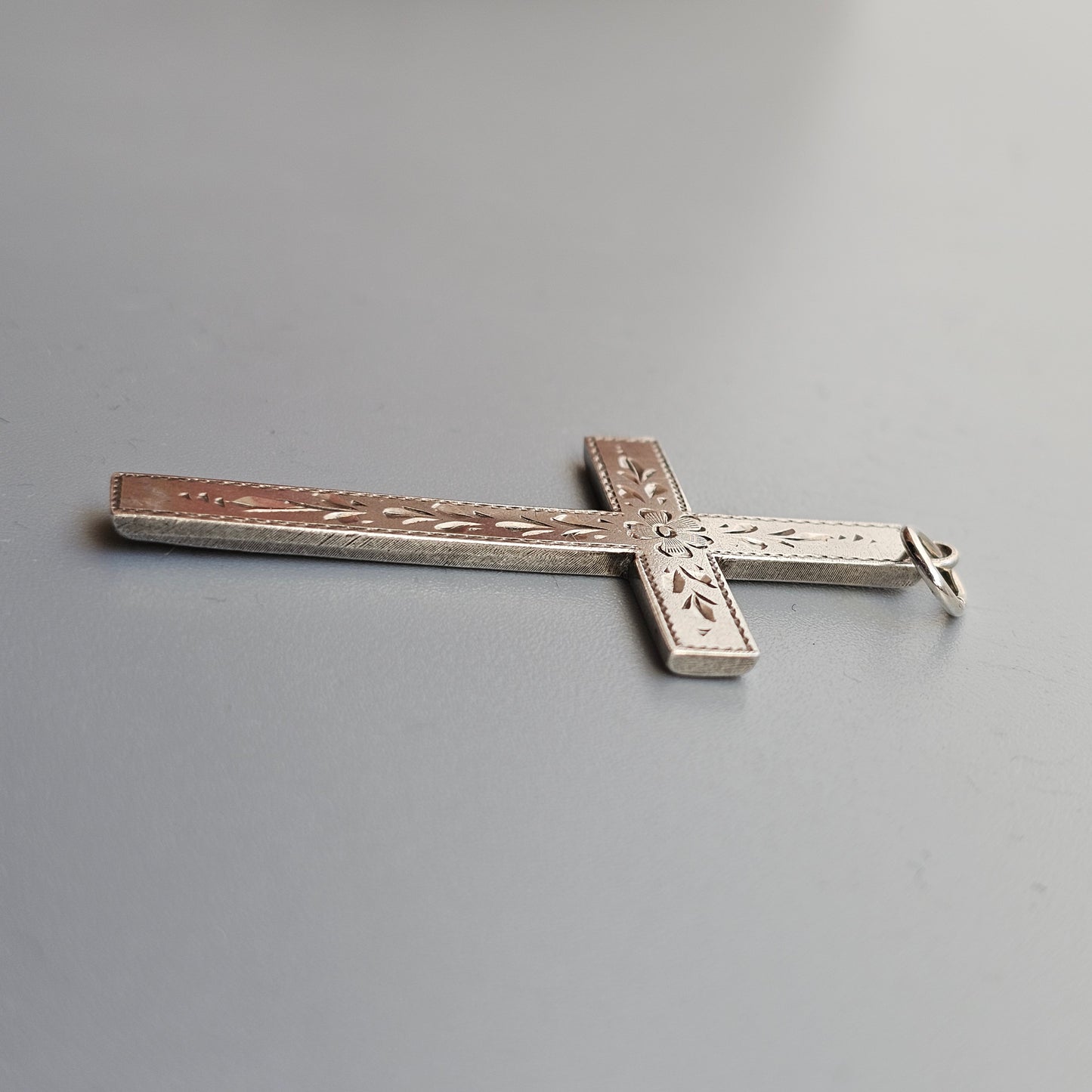 Antique Edwardian Silver Engraved Floral Cross Necklace Pendant