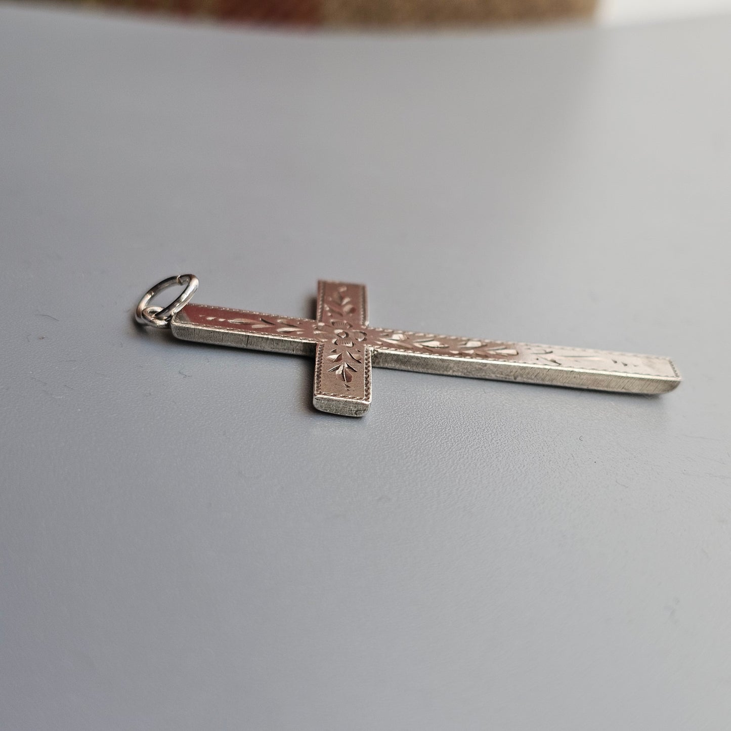 Antique Edwardian Silver Engraved Floral Cross Necklace Pendant