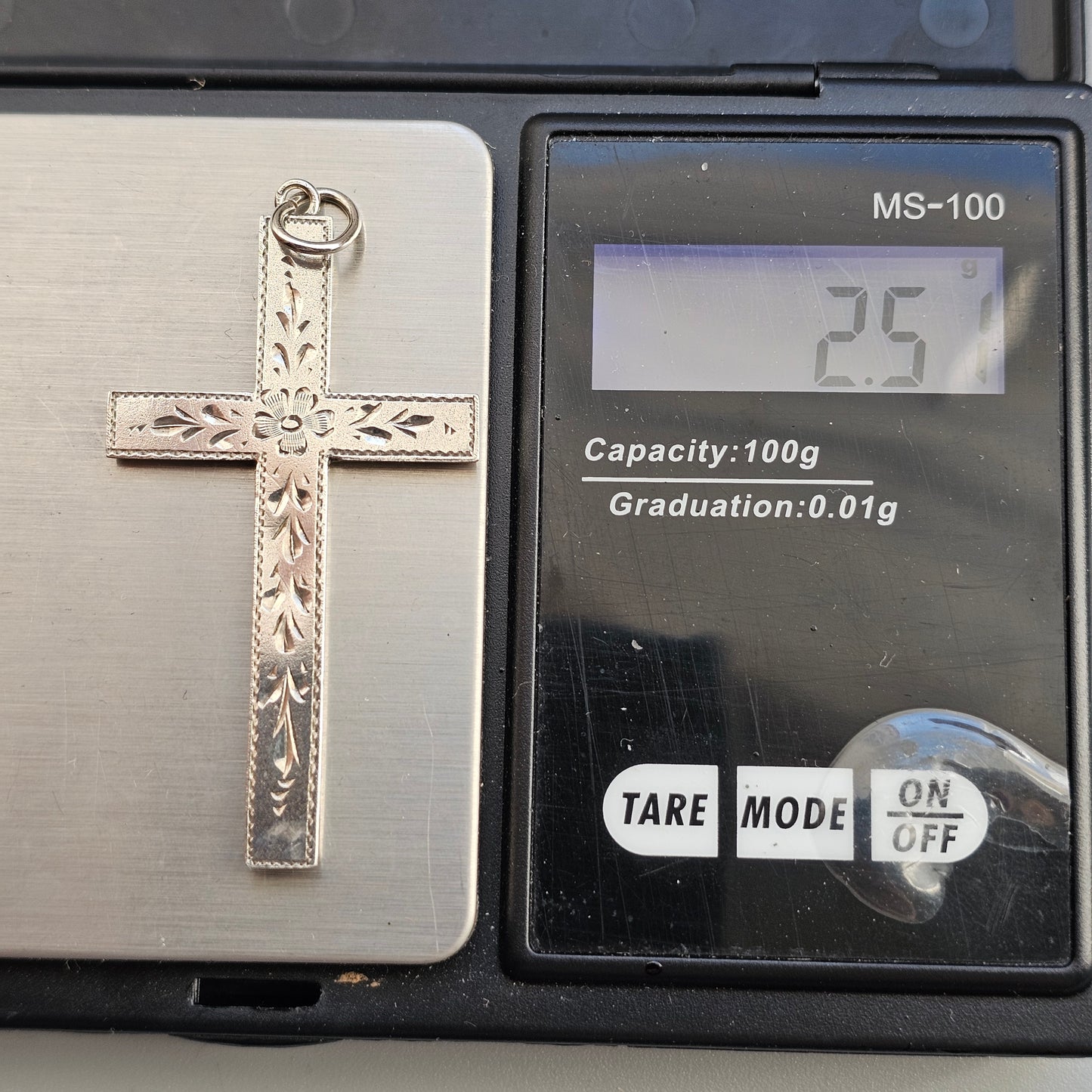 Antique Edwardian Silver Engraved Floral Cross Necklace Pendant