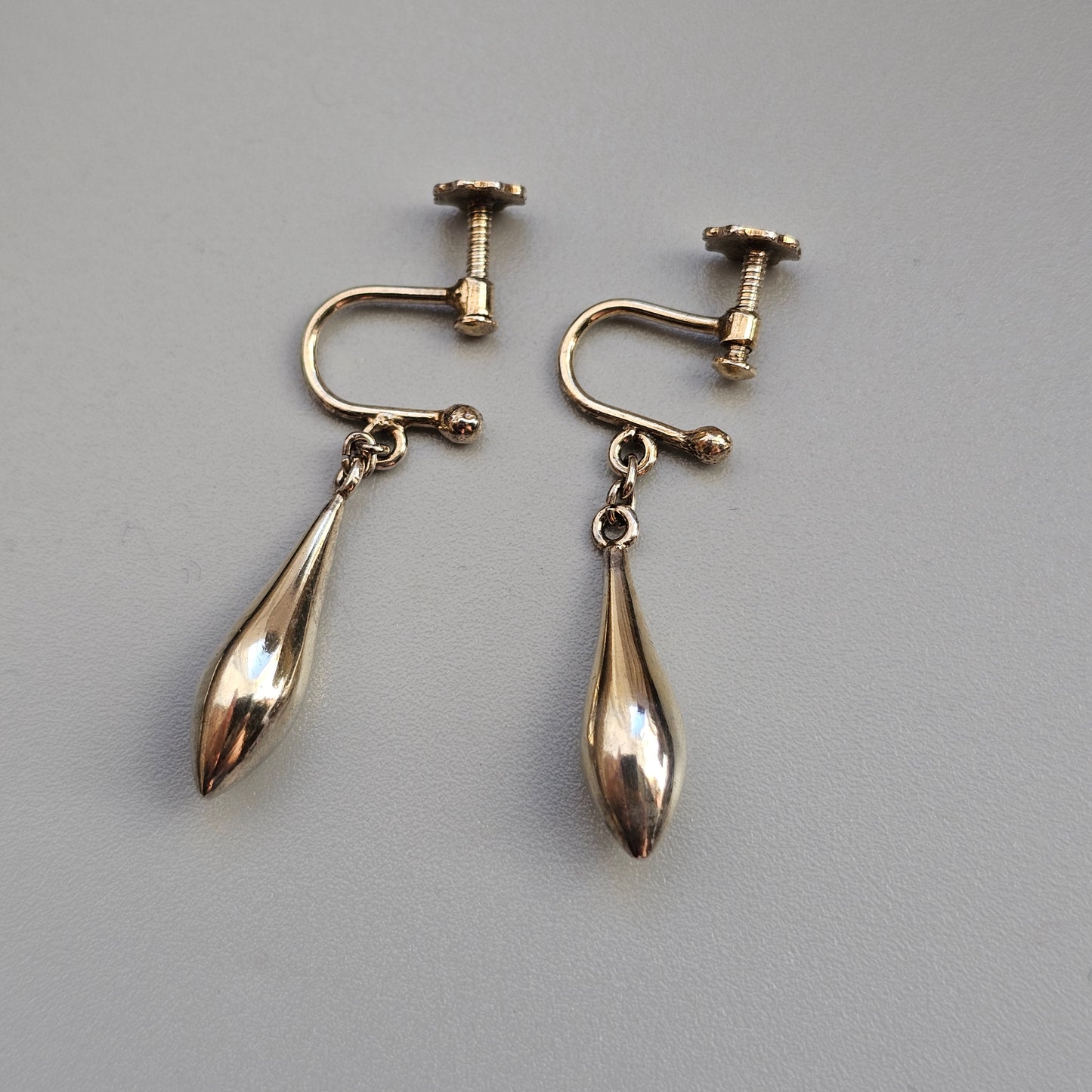 Vintage 1930s 1940s Finnish Silver Gilt Torpedo Drop Earrings Screw Fittings