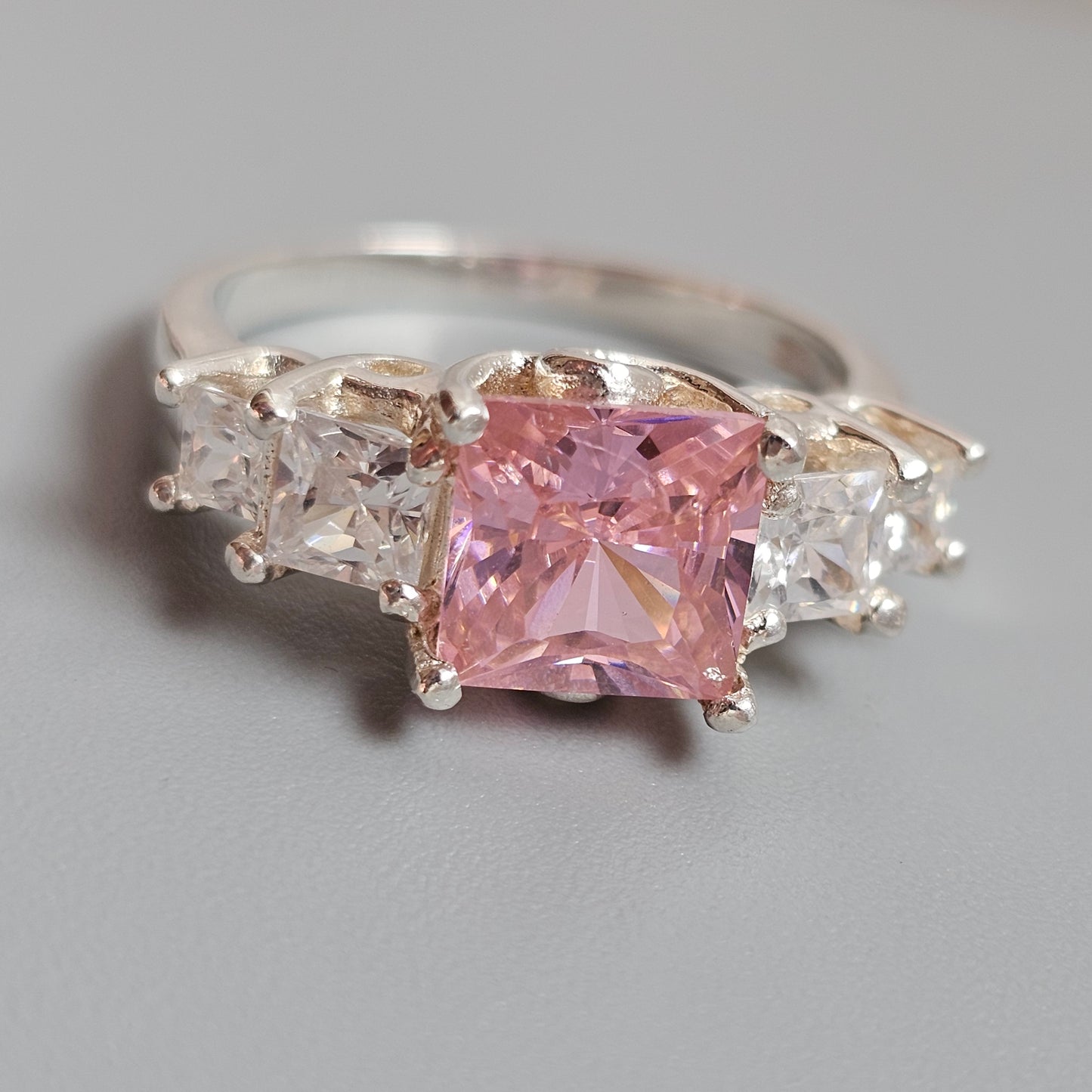 Sterling Silver Pink Cubic Zirconia Five Stone Ring