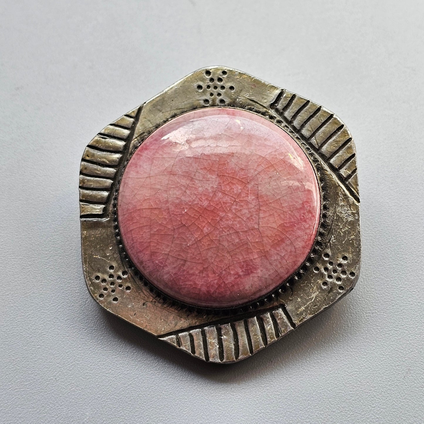 Vintage Pink Ceramic Cabochon Arts and Crafts Ruskin Style Brooch