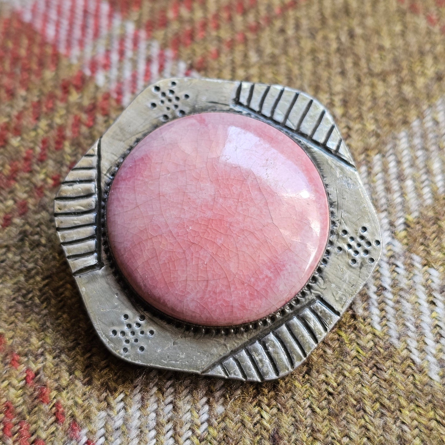 Vintage Pink Ceramic Cabochon Arts and Crafts Ruskin Style Brooch