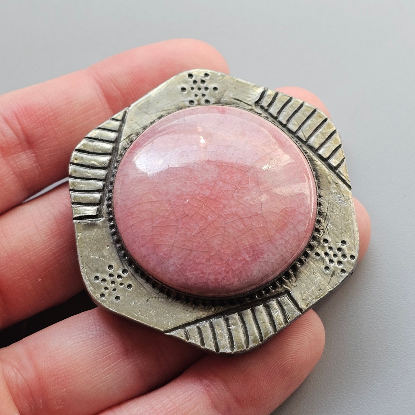 Vintage Pink Ceramic Cabochon Arts and Crafts Ruskin Style Brooch