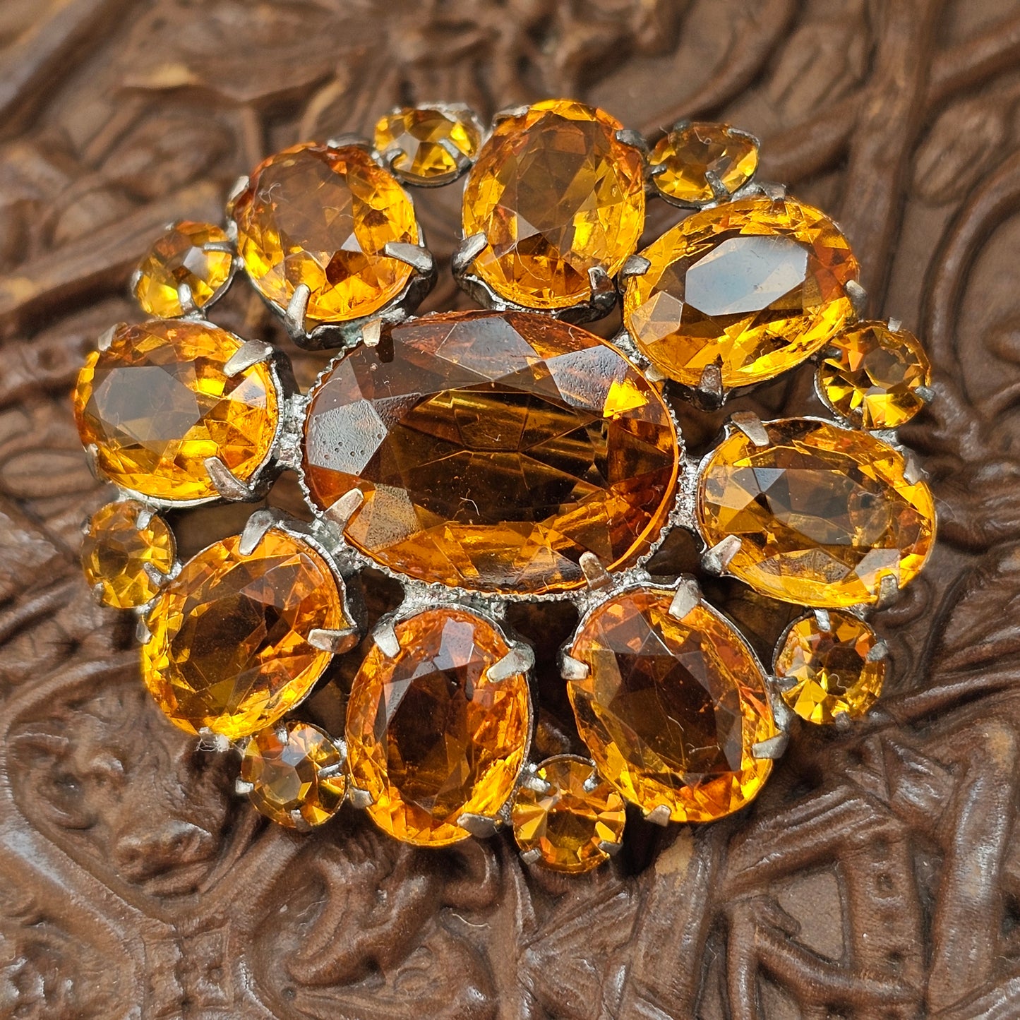 Vintage Amber Orange Rhinestone Cluster Brooch