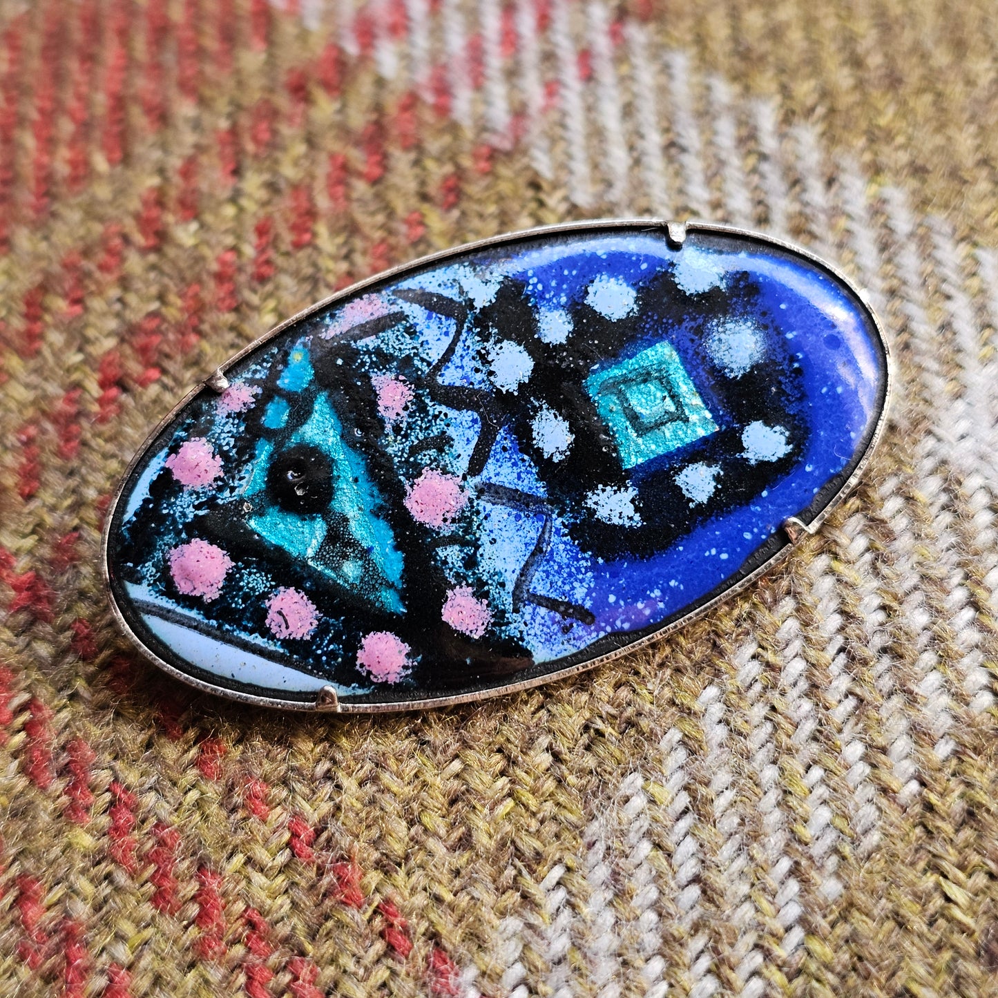 Vintage 1980s Abstract Enamel on Copper Brooch