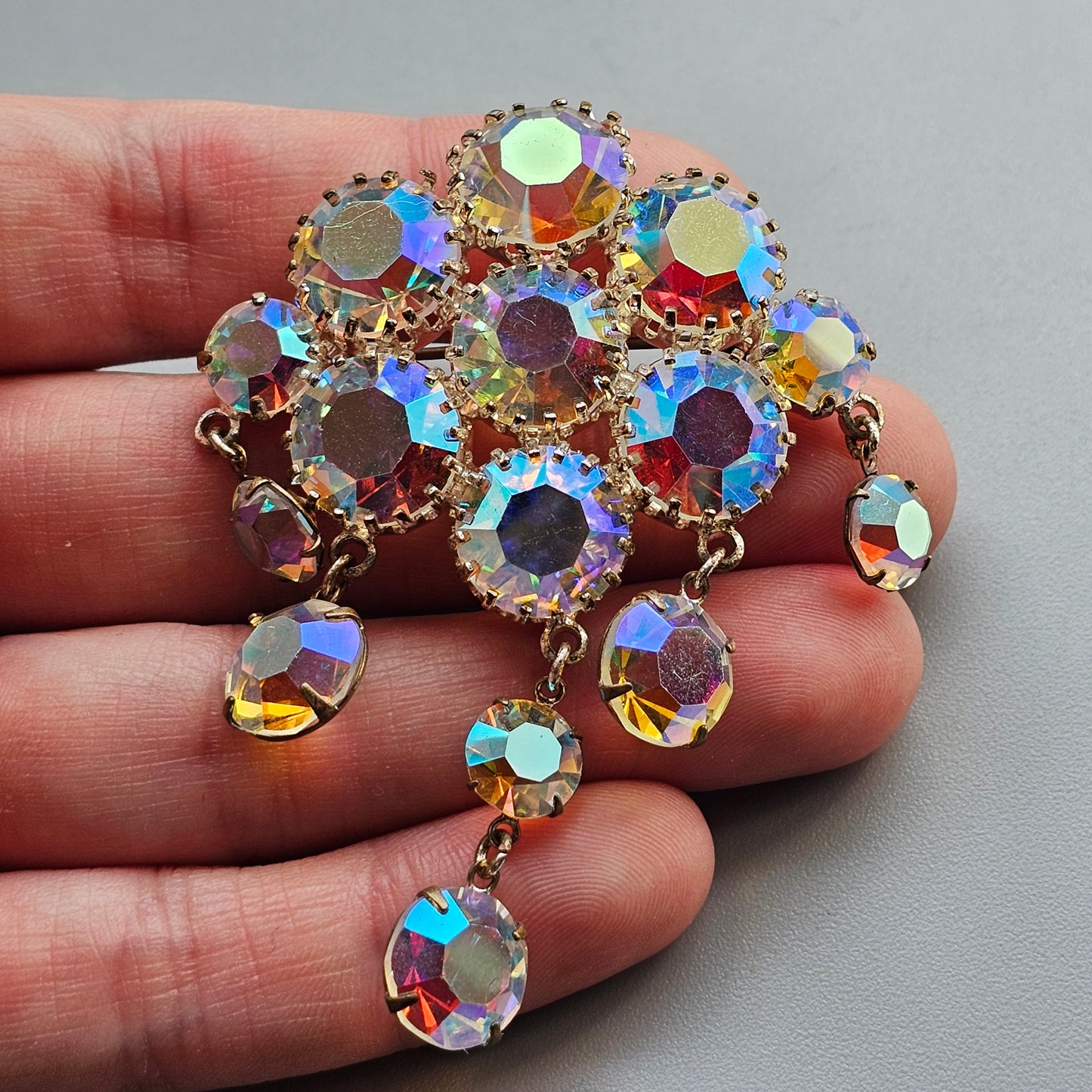 Vintage Aurora Borealis Rhinestone Dangle Brooch