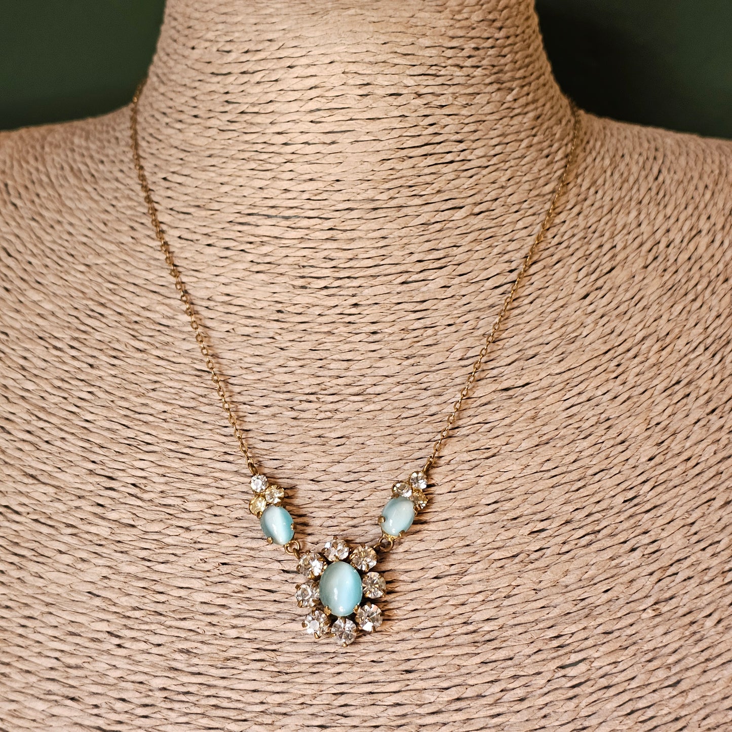 Vintage 1950s Aqua Blue Cats Eye Glass Rhinestone Necklace