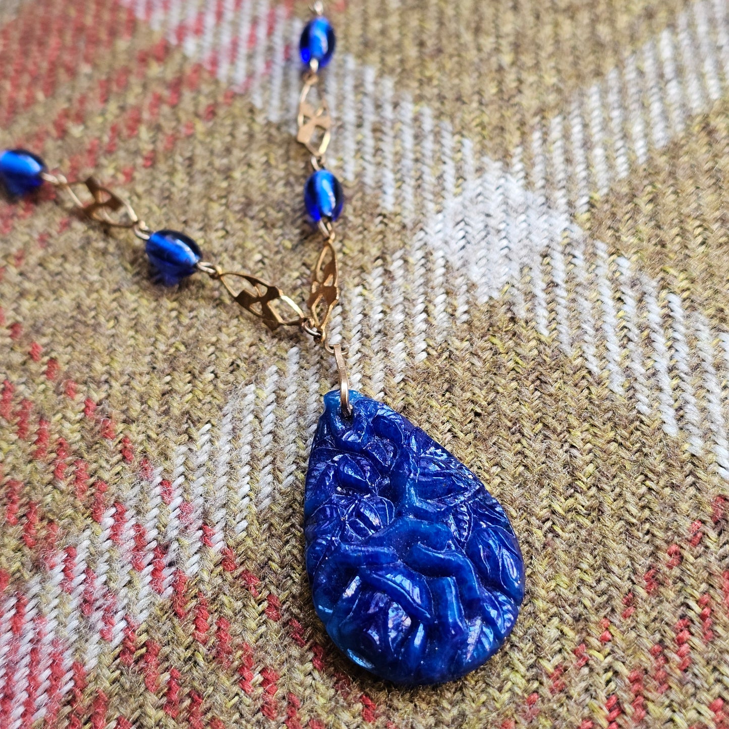 Vintage Art Deco Cobalt Blue Pressed Czech Glass Pendant Necklace