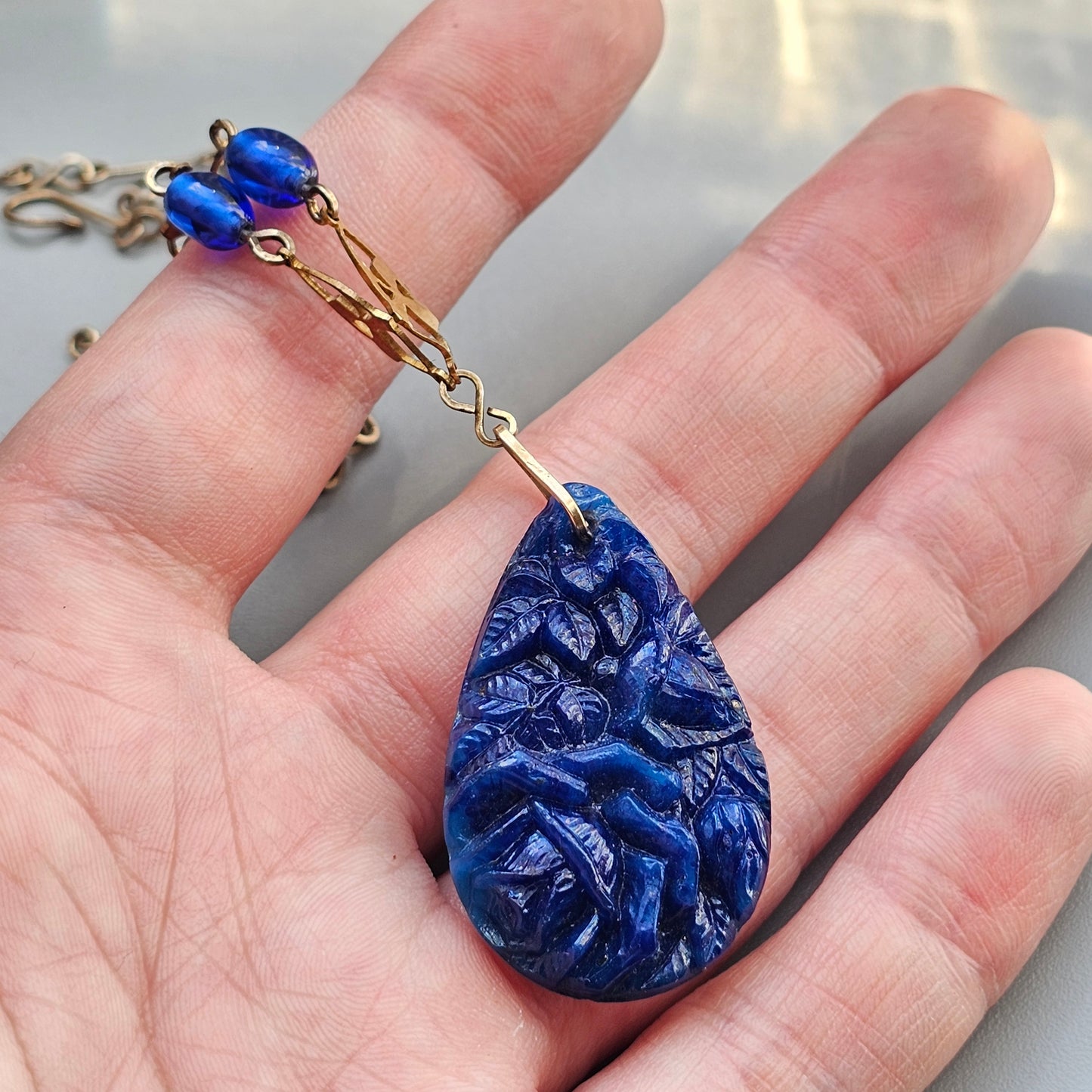 Vintage Art Deco Cobalt Blue Pressed Czech Glass Pendant Necklace