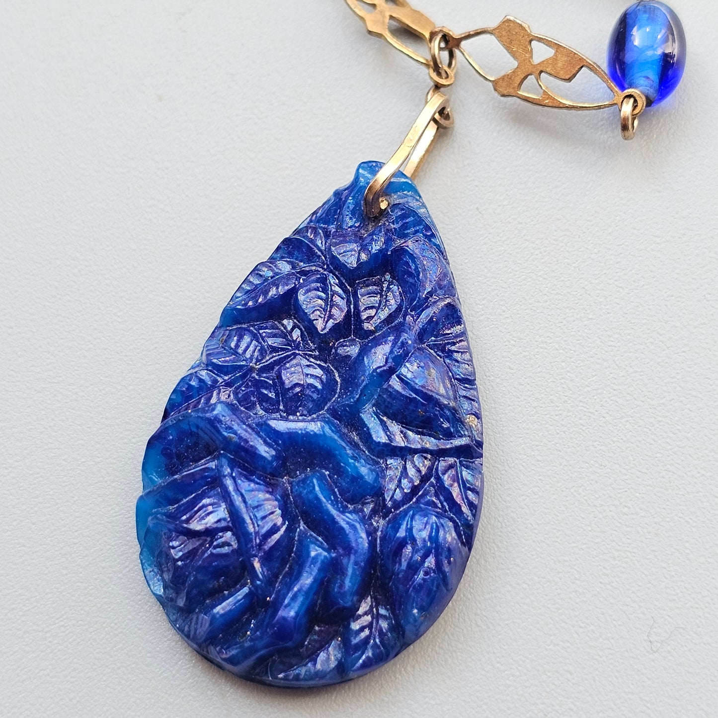 Vintage Art Deco Cobalt Blue Pressed Czech Glass Pendant Necklace