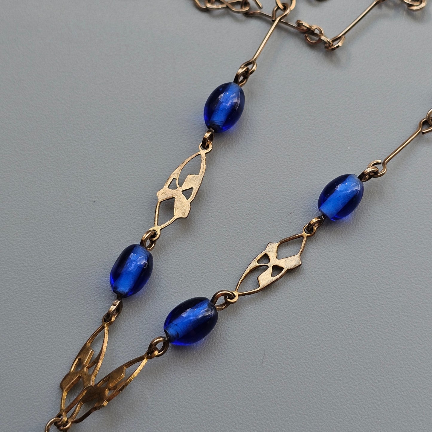 Vintage Art Deco Cobalt Blue Pressed Czech Glass Pendant Necklace