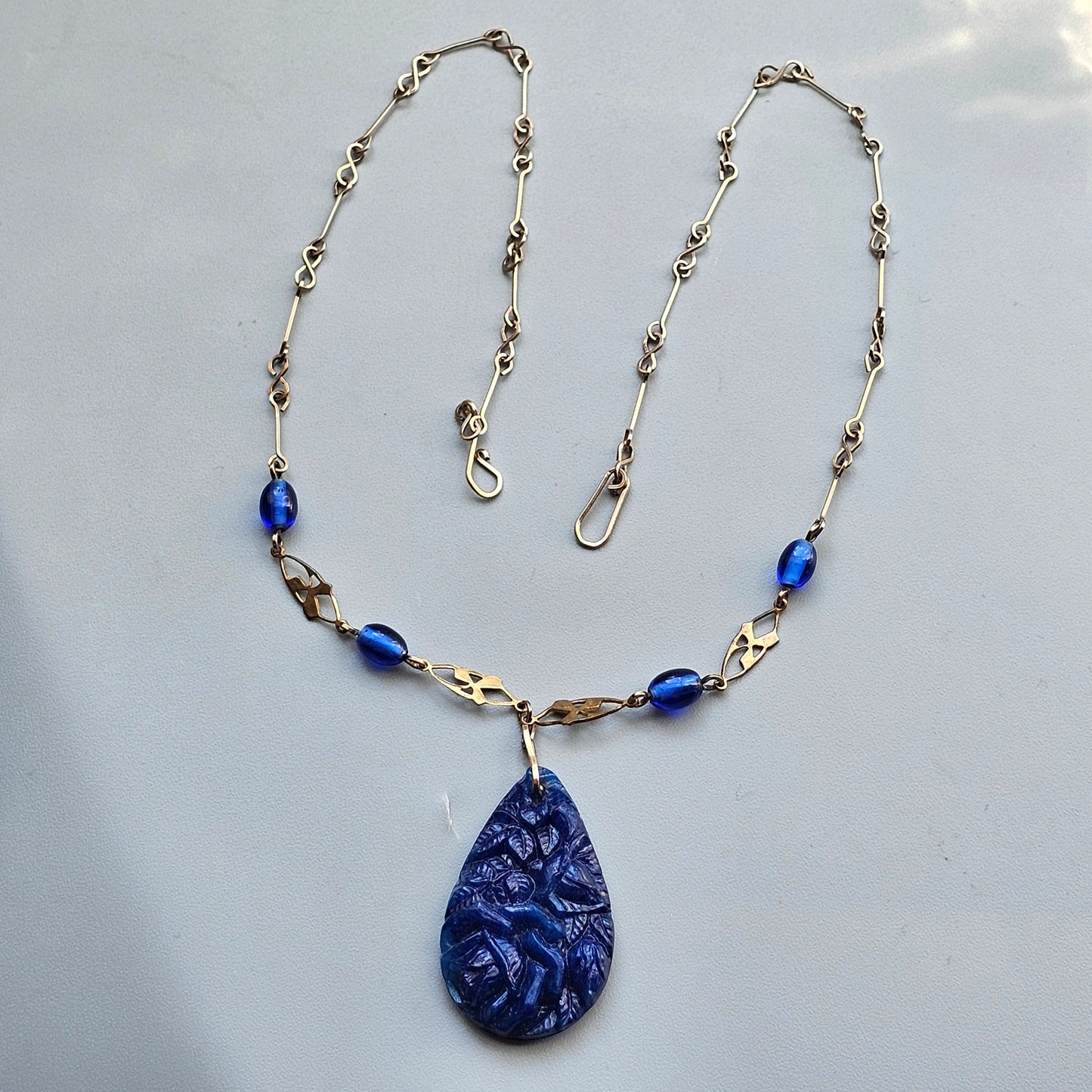 Vintage Art Deco Cobalt Blue Pressed Czech Glass Pendant Necklace