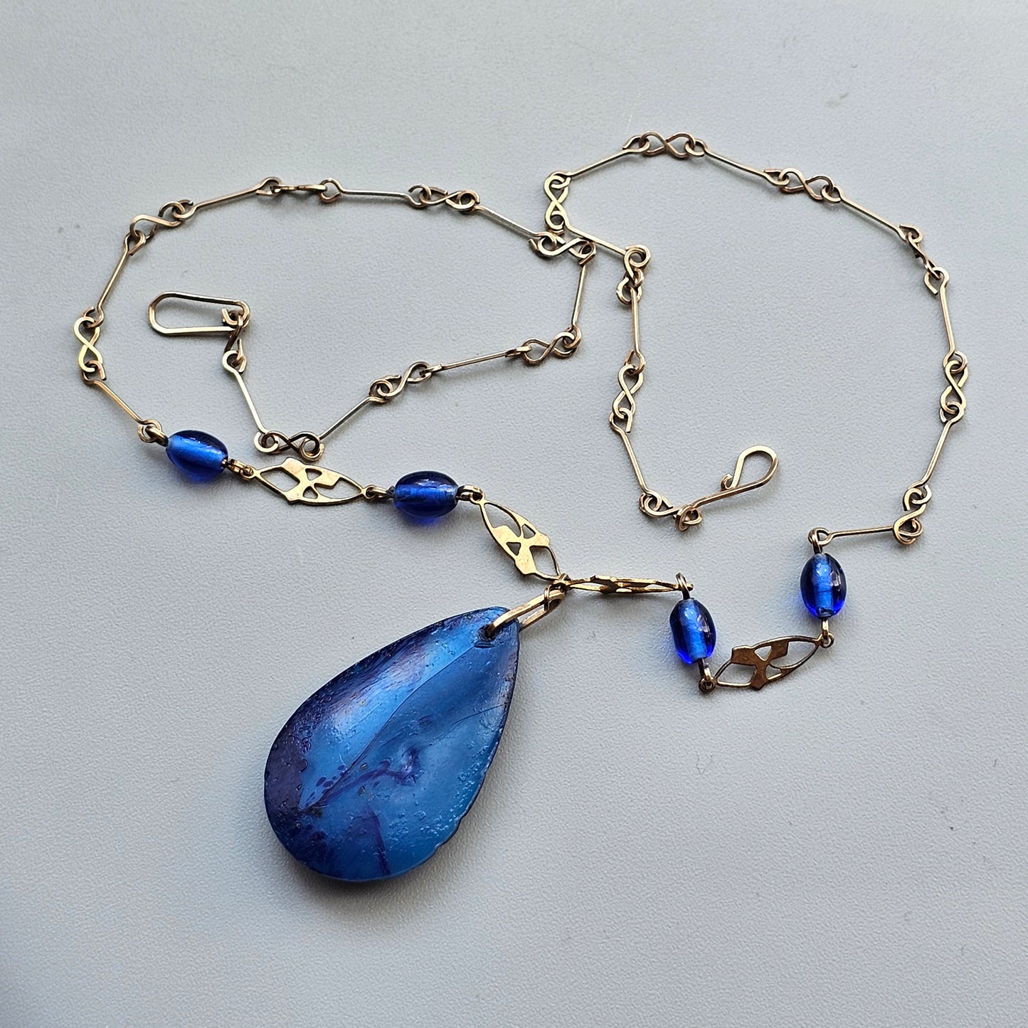 Vintage Art Deco Cobalt Blue Pressed Czech Glass Pendant Necklace