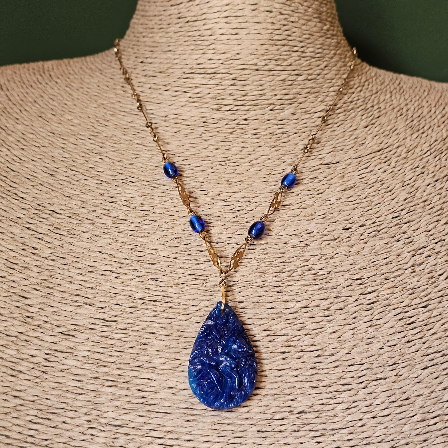 Vintage Art Deco Cobalt Blue Pressed Czech Glass Pendant Necklace