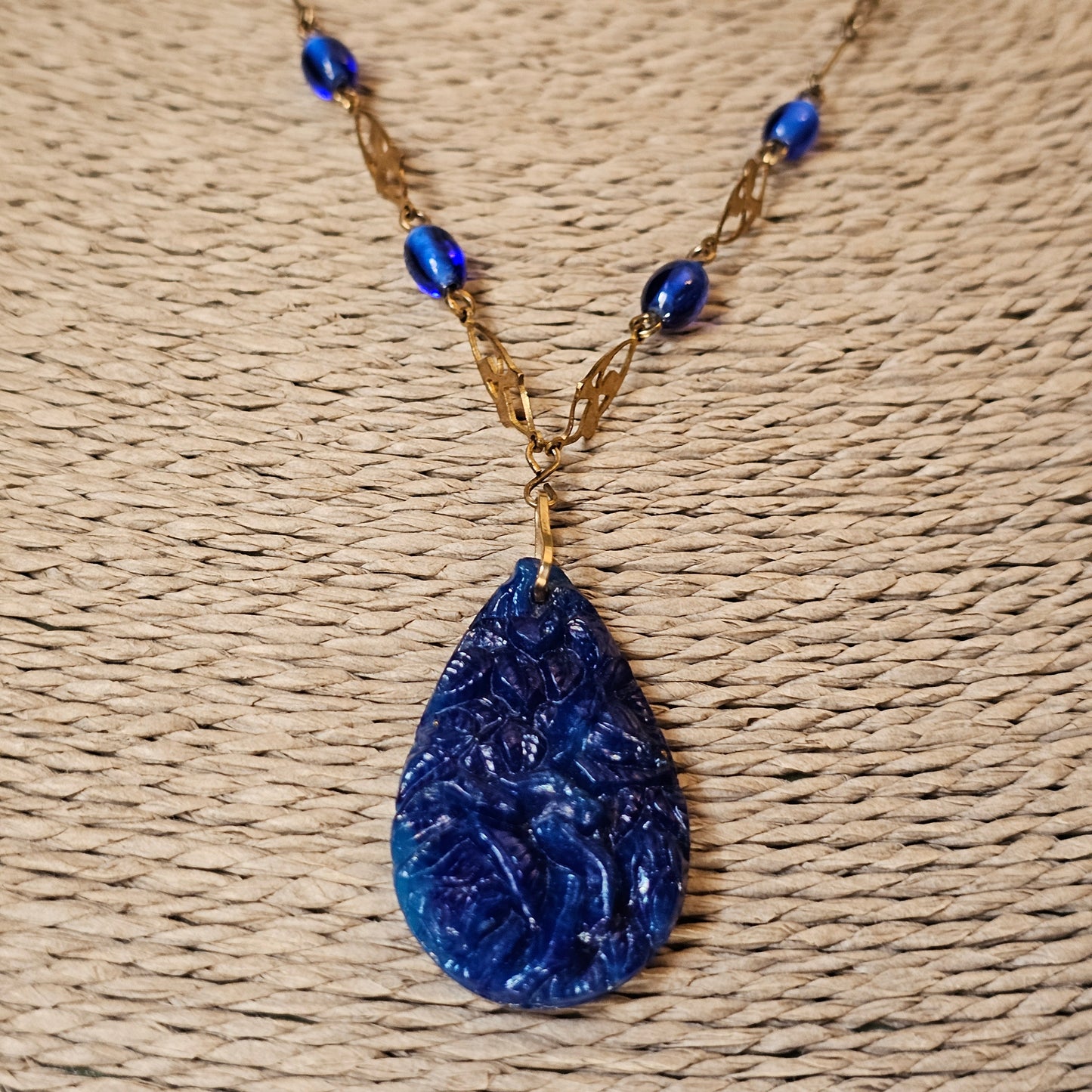 Vintage Art Deco Cobalt Blue Pressed Czech Glass Pendant Necklace