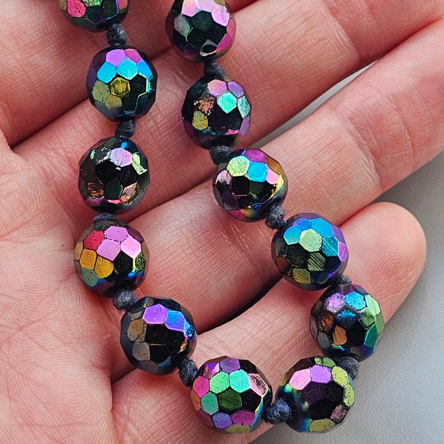 Vintage 1960s Black Aurora Borealis Glass Bead Necklace