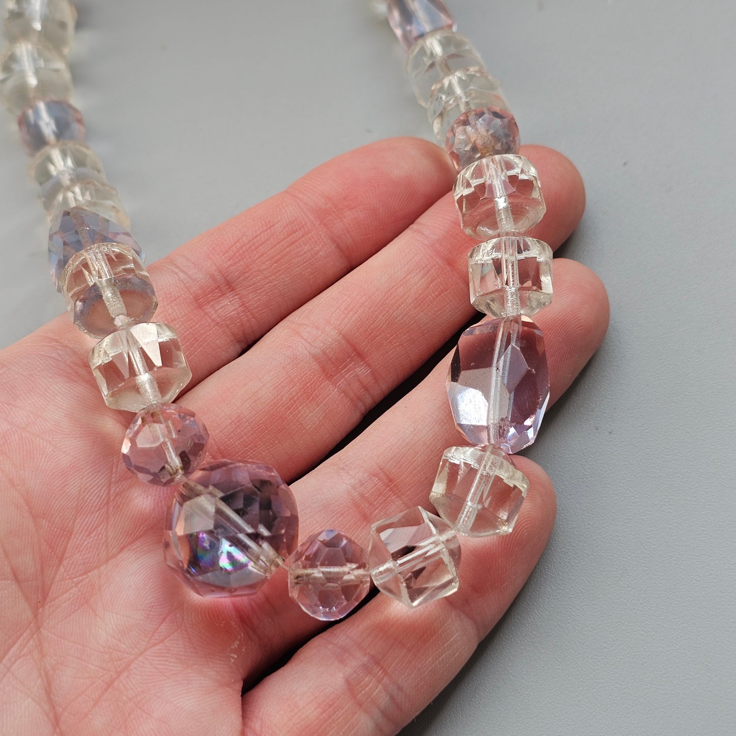 Vintage Art Deco Pale Pink and Clear Glass Bead Necklace