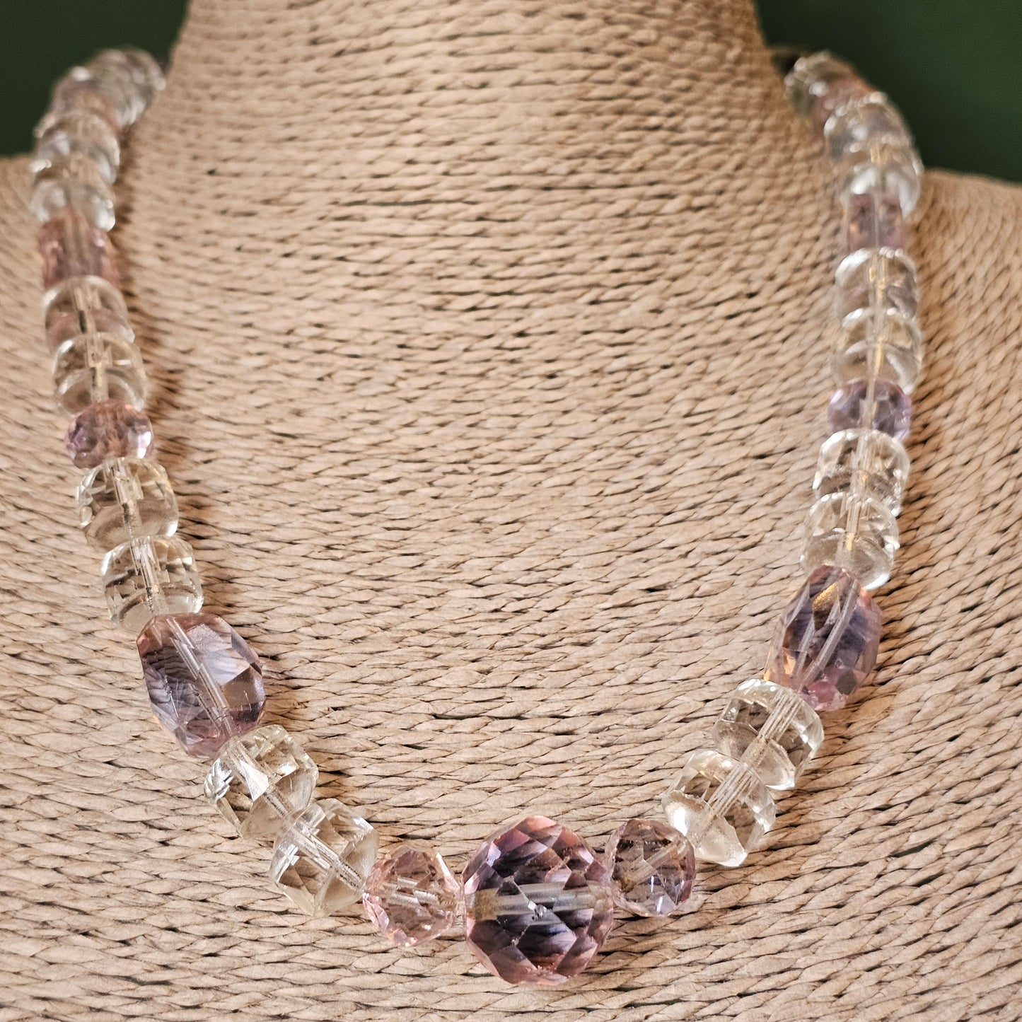 Vintage Art Deco Pale Pink and Clear Glass Bead Necklace