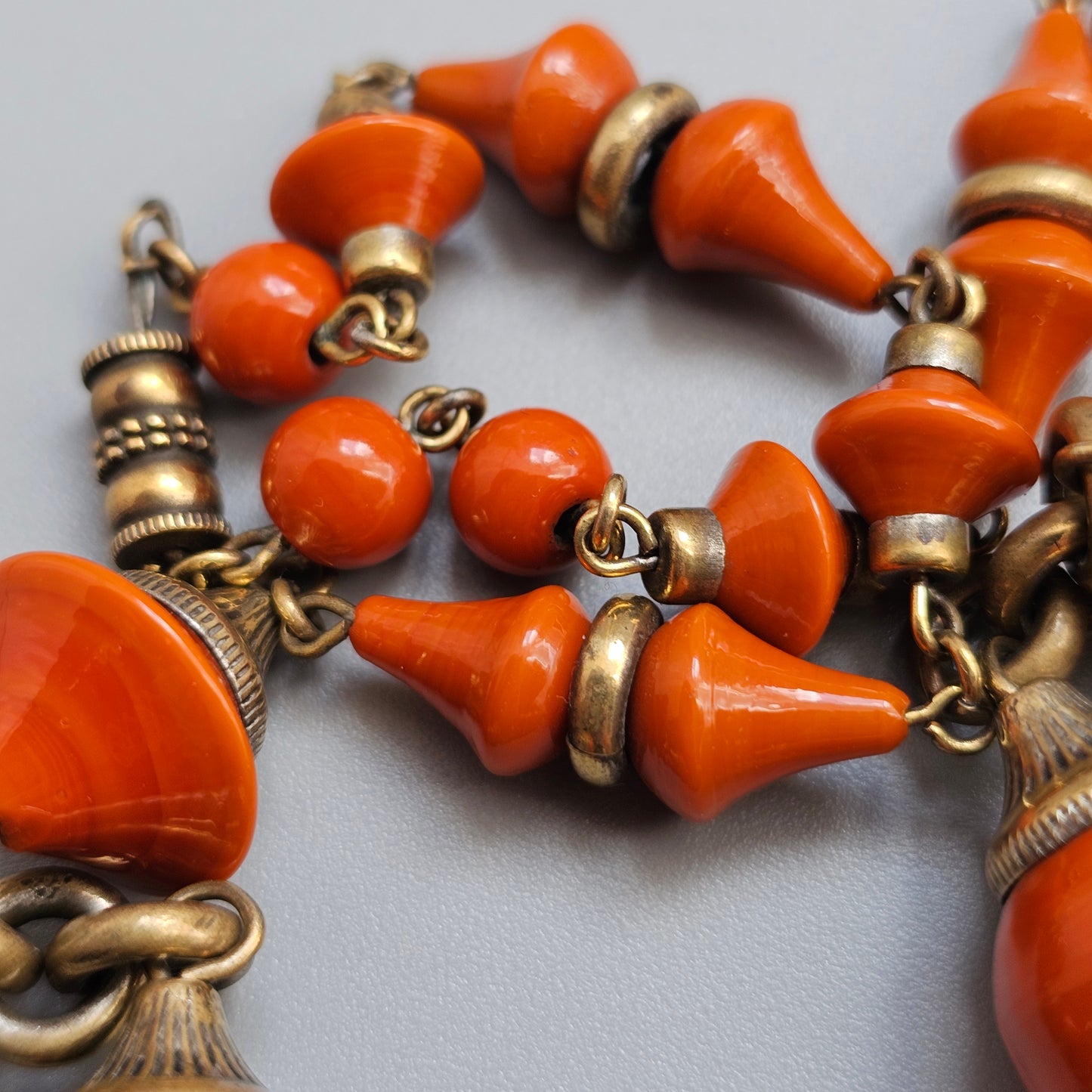 Vintage Art Deco Czech Orange Glass Bead & Brass Necklace