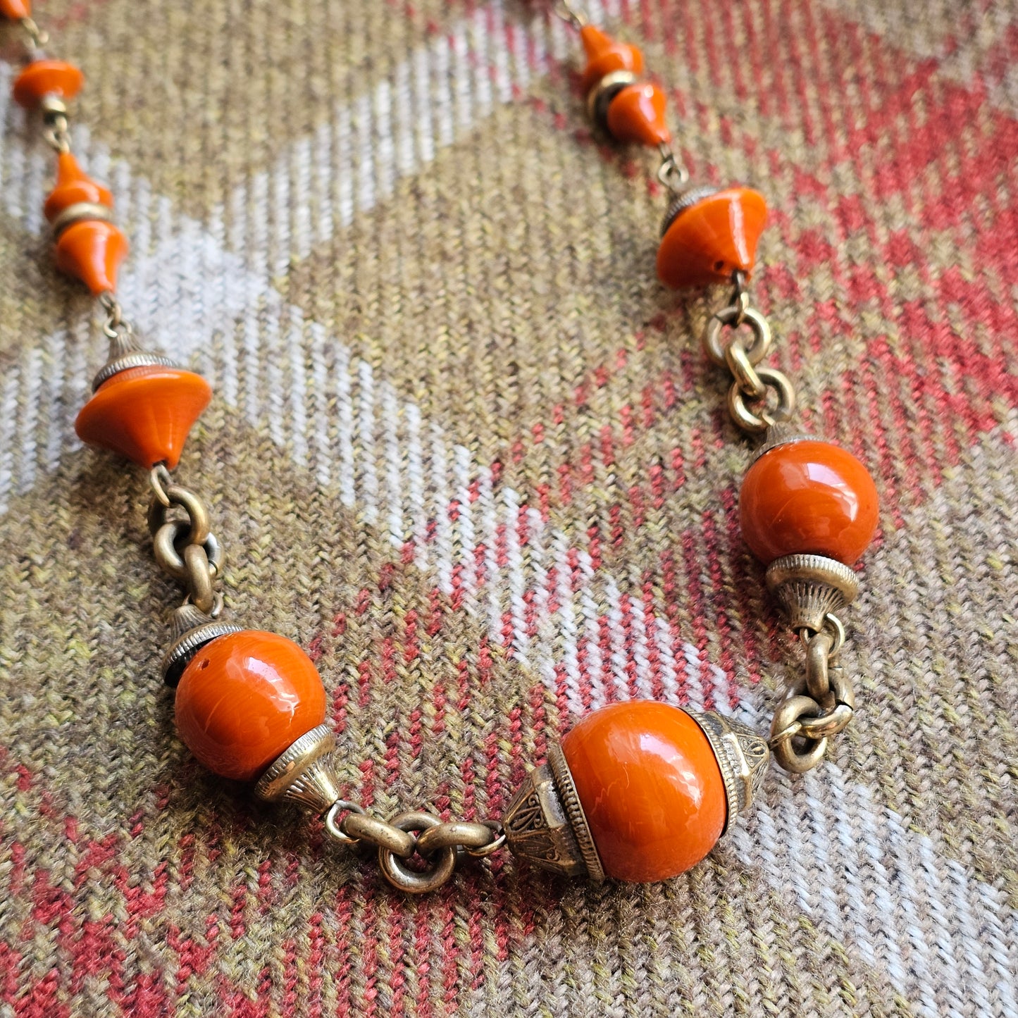 Vintage Art Deco Czech Orange Glass Bead & Brass Necklace