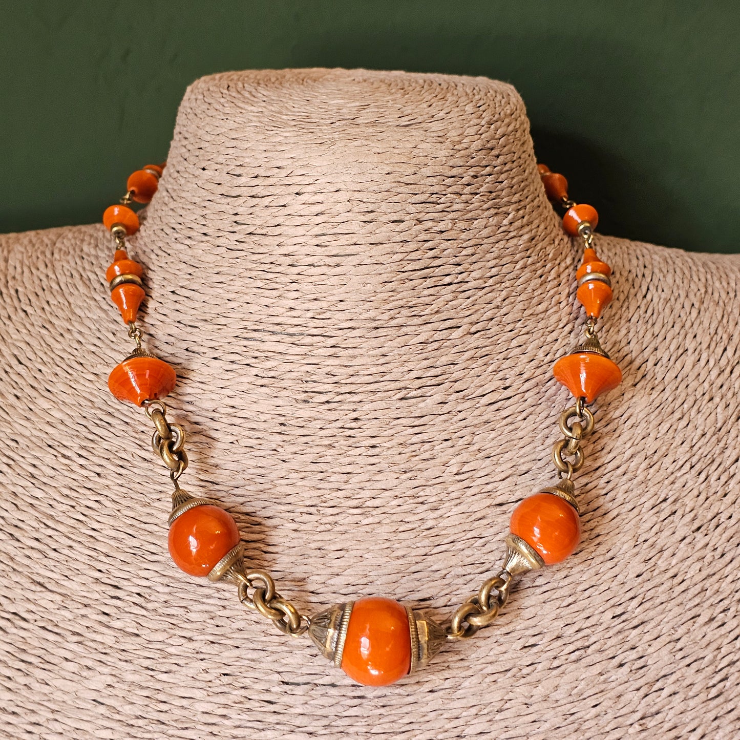 Vintage Art Deco Czech Orange Glass Bead & Brass Necklace