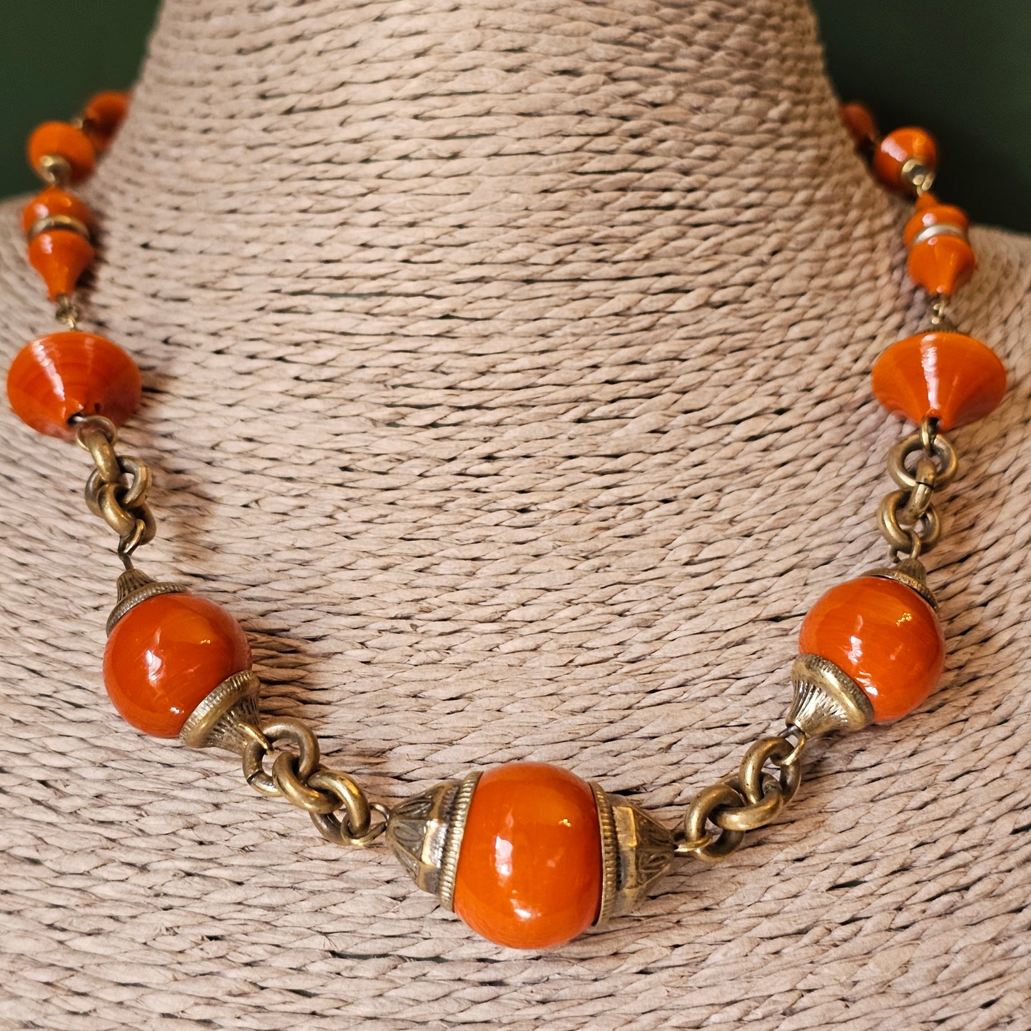 Vintage Art Deco Czech Orange Glass Bead & Brass Necklace