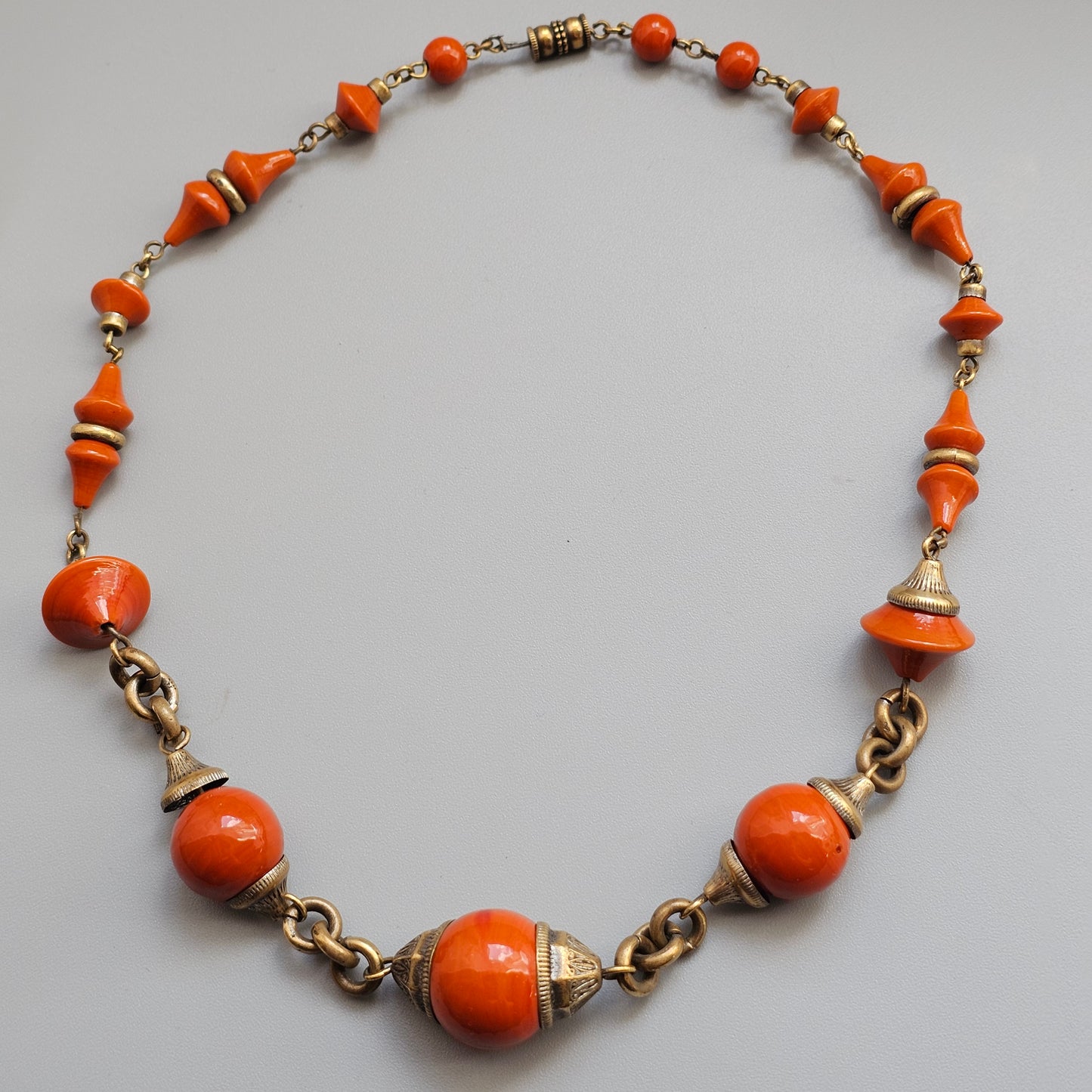 Vintage Art Deco Czech Orange Glass Bead & Brass Necklace