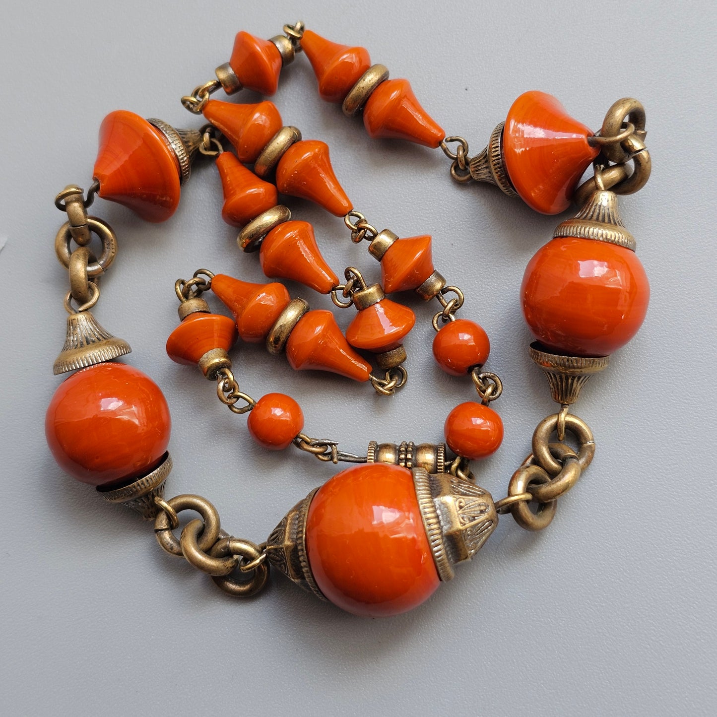 Vintage Art Deco Czech Orange Glass Bead & Brass Necklace