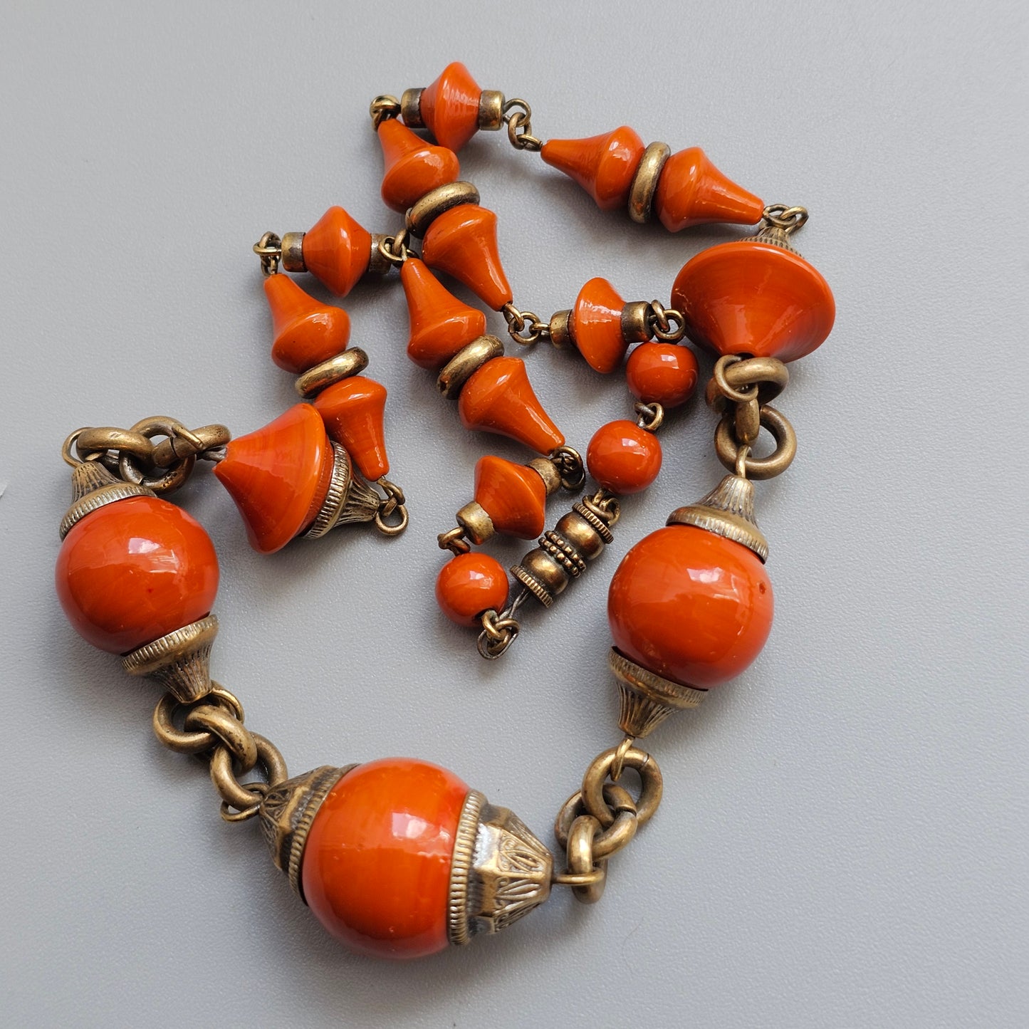 Vintage Art Deco Czech Orange Glass Bead & Brass Necklace