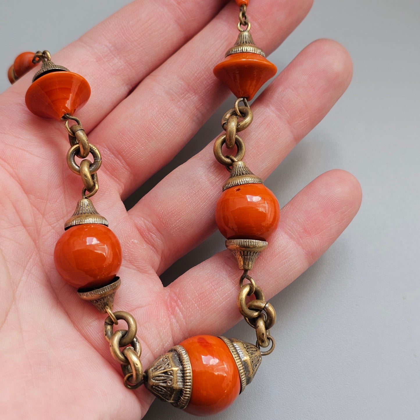 Vintage Art Deco Czech Orange Glass Bead & Brass Necklace