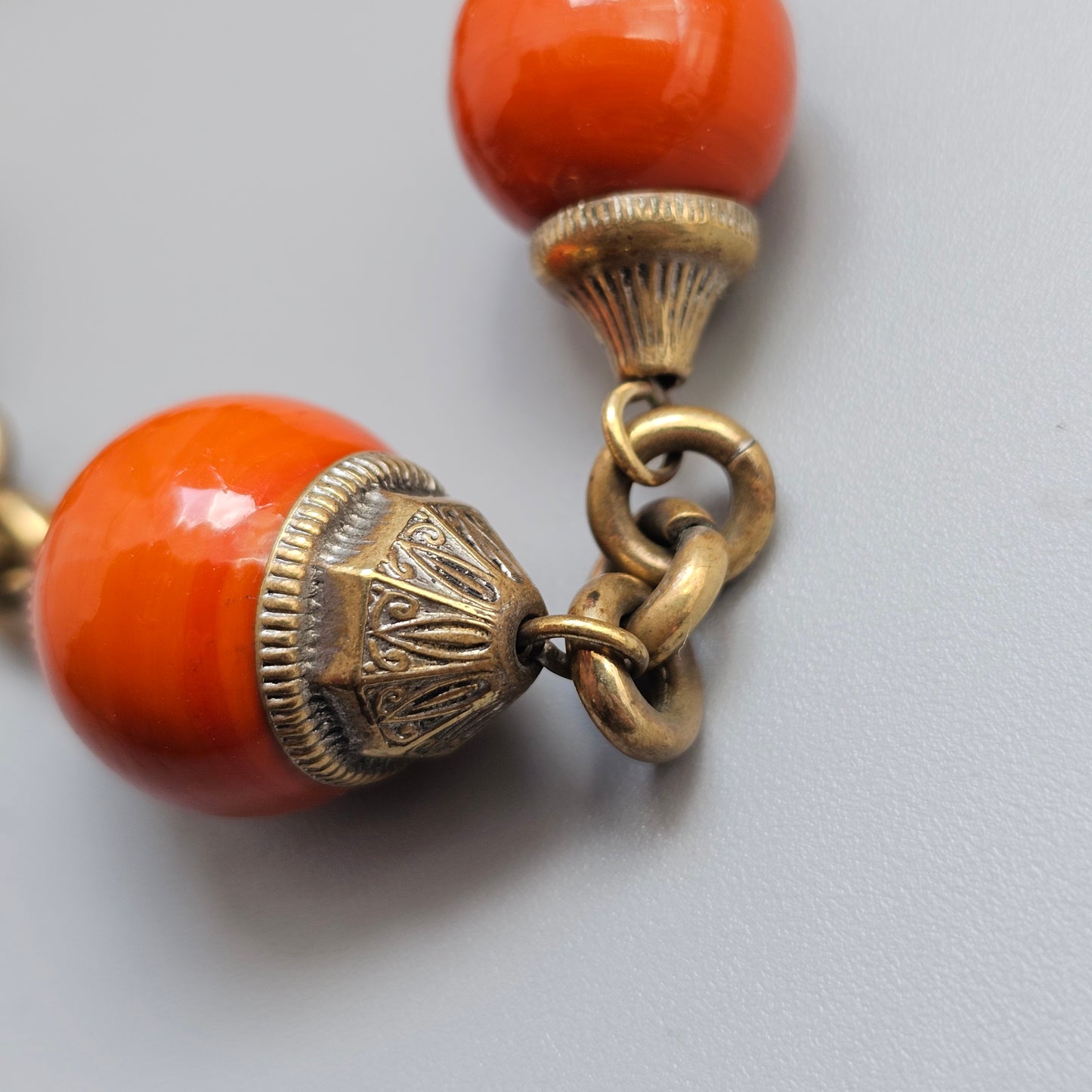 Vintage Art Deco Czech Orange Glass Bead & Brass Necklace