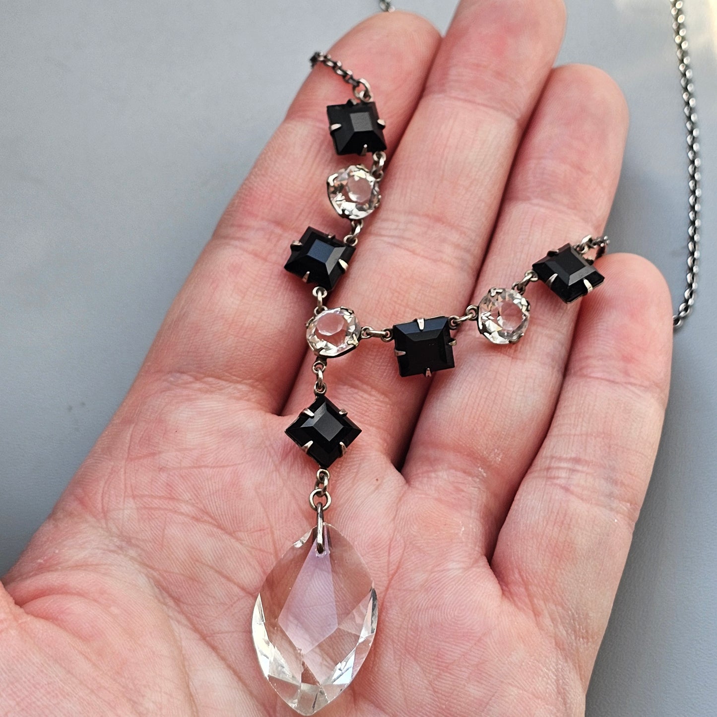 Vintage Art Deco Black and Clear Glass Drop Necklace