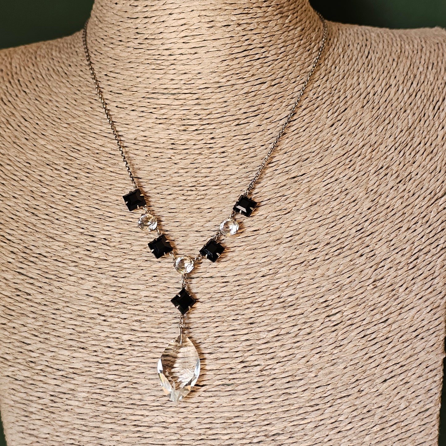 Vintage Art Deco Black and Clear Glass Drop Necklace
