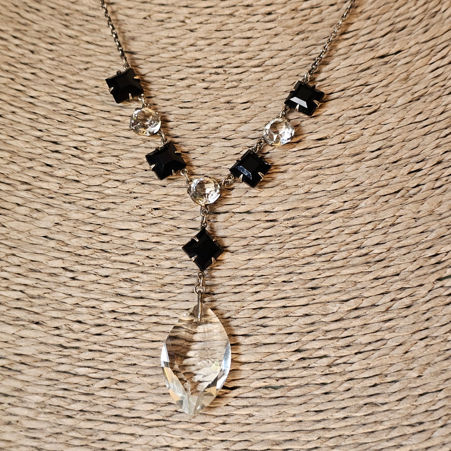 Vintage Art Deco Black and Clear Glass Drop Necklace