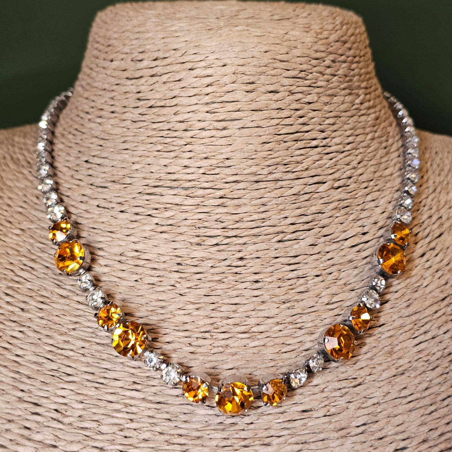 Vintage 1950s 1960s Orange and Clear Rhinestone Necklace