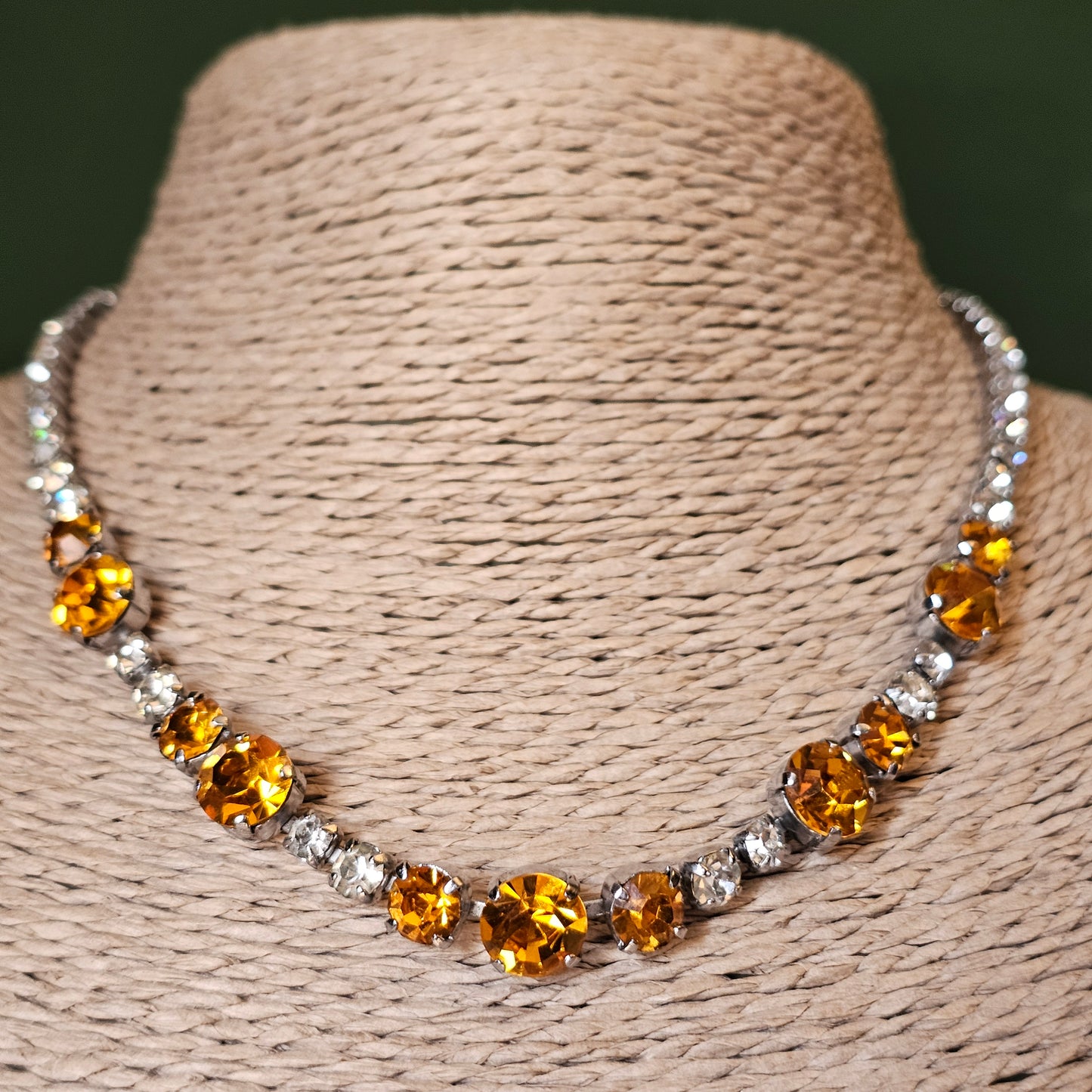 Vintage 1950s 1960s Orange and Clear Rhinestone Necklace