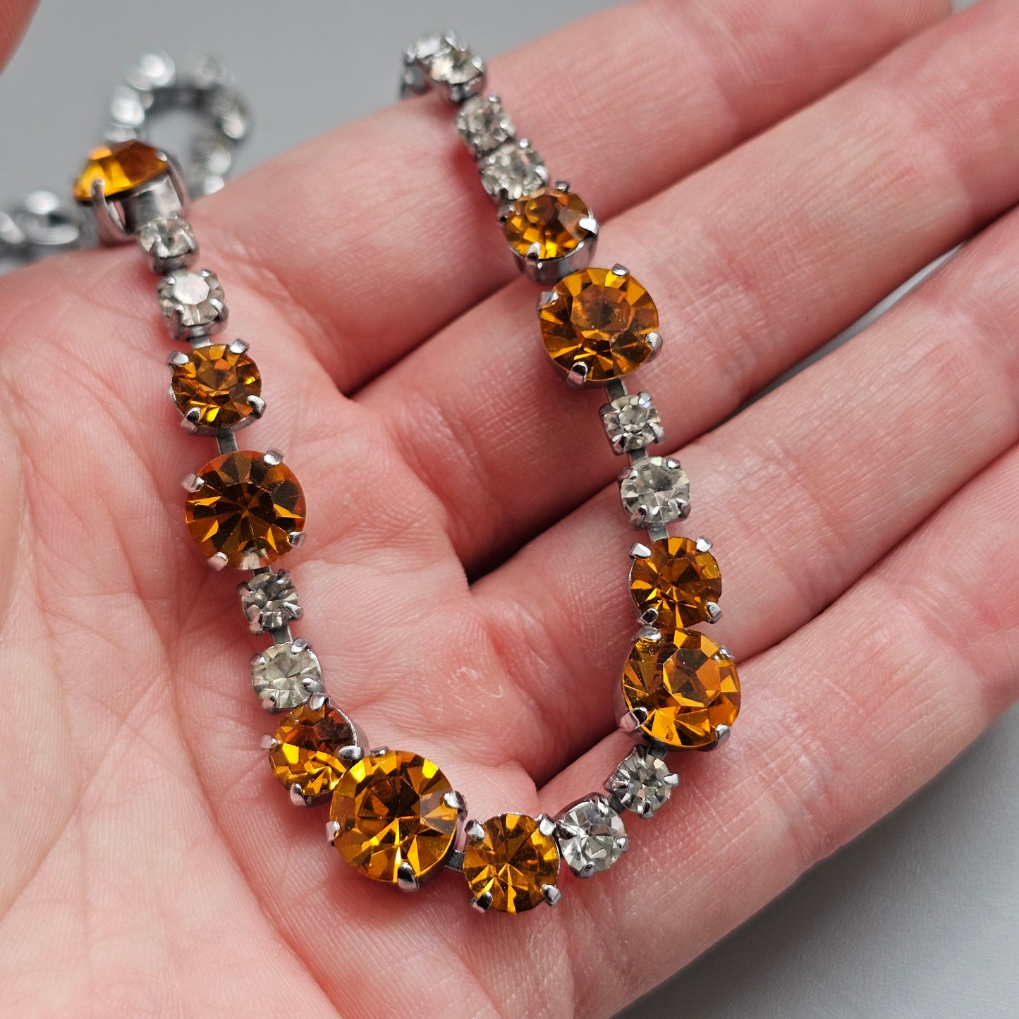 Vintage 1950s 1960s Orange and Clear Rhinestone Necklace