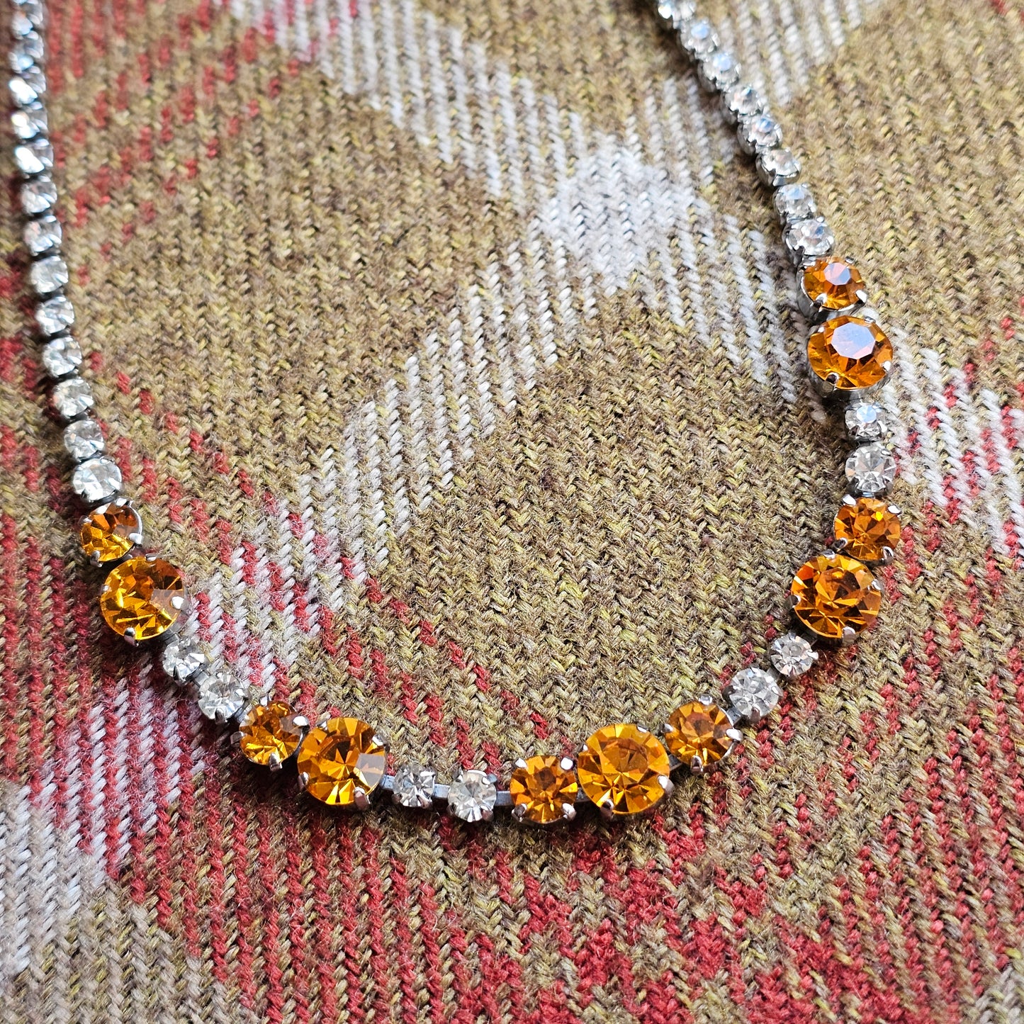 Vintage 1950s 1960s Orange and Clear Rhinestone Necklace