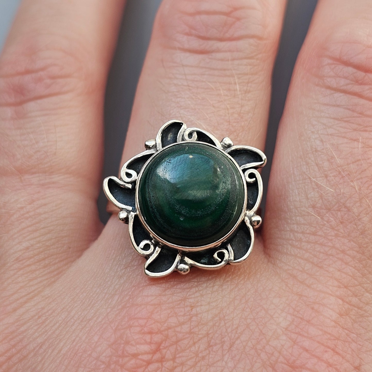Sterling Silver Malachite Adjustable Statement Ring