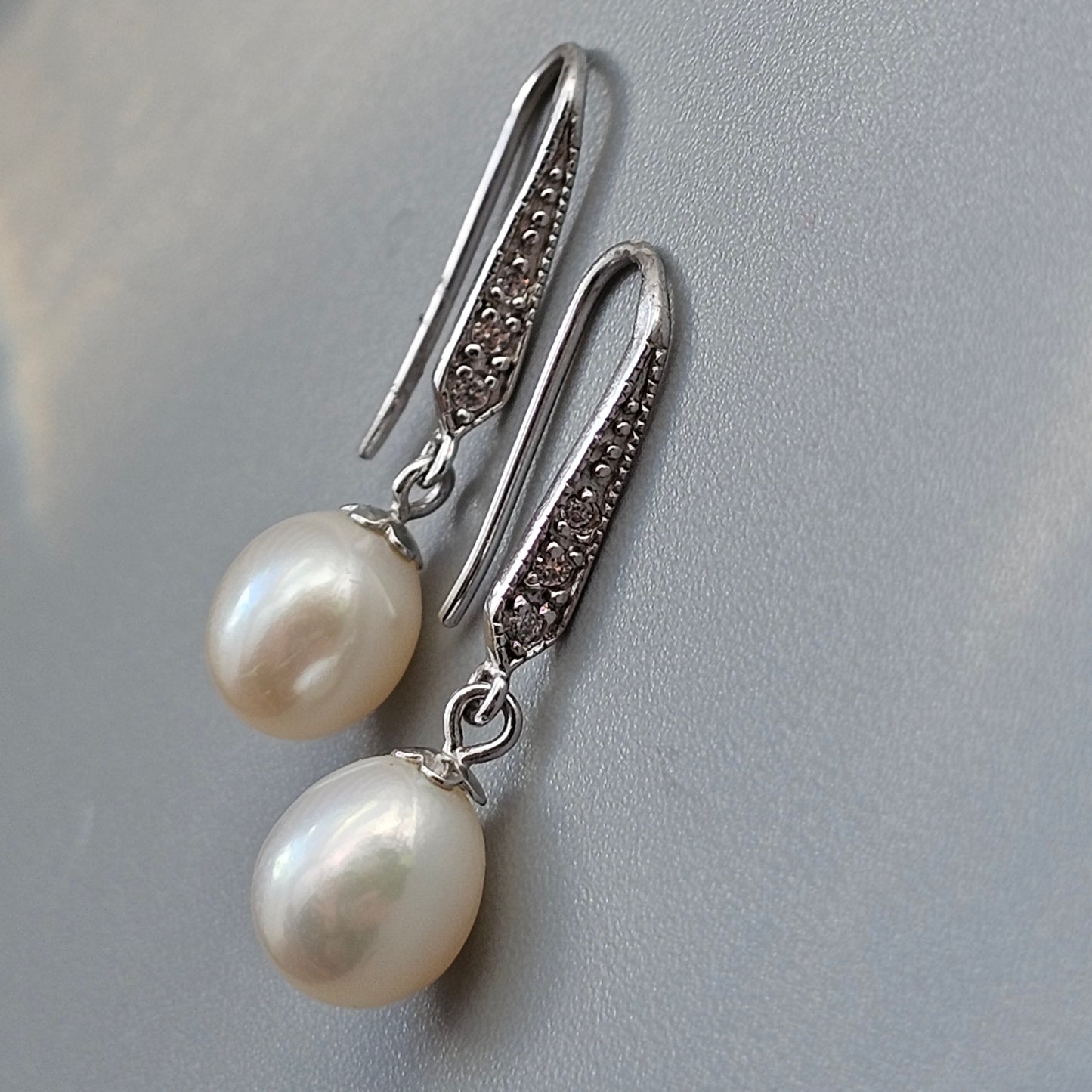 Sterling Silver Pearl and Clear Stone Drop Earrings