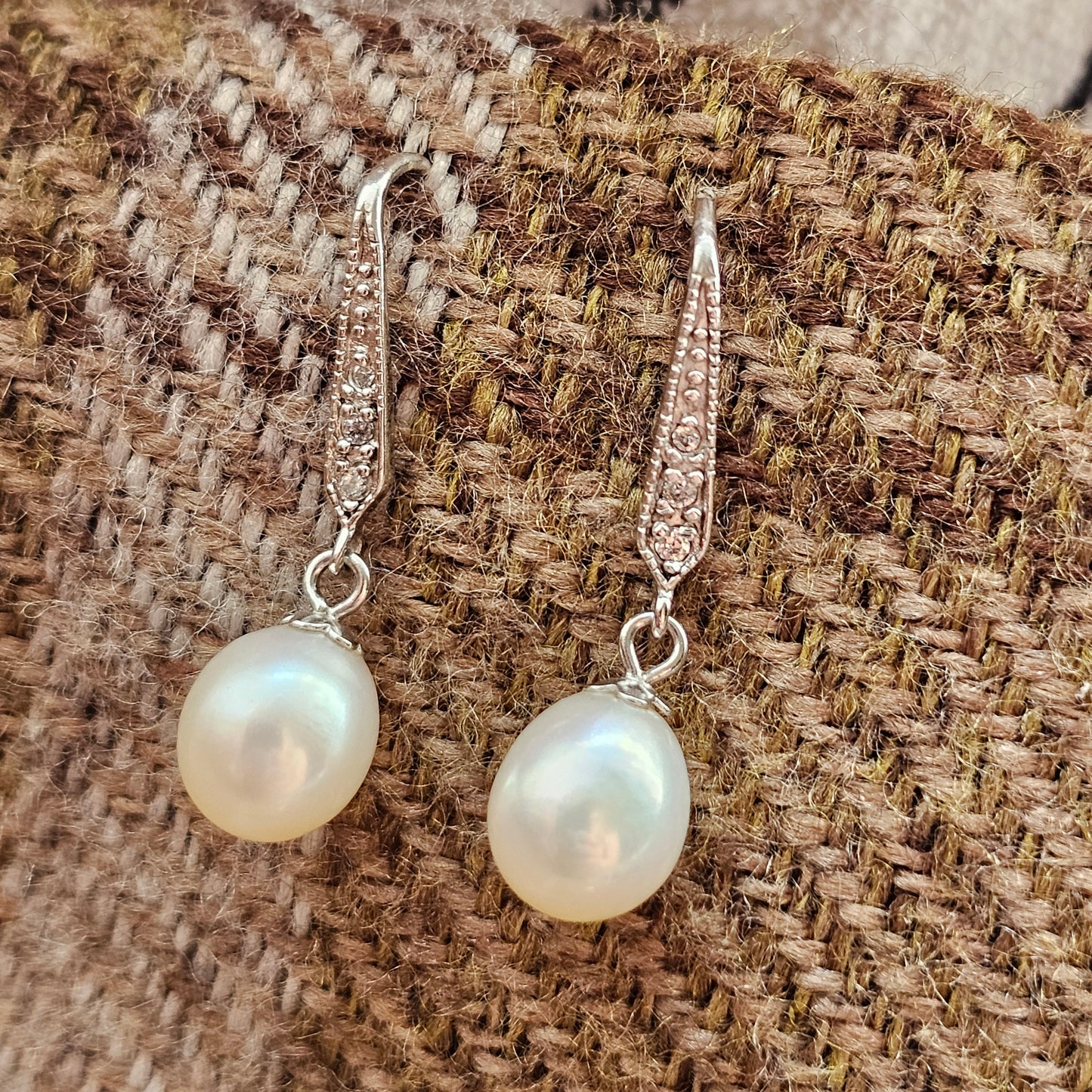 Sterling Silver Pearl and Clear Stone Drop Earrings