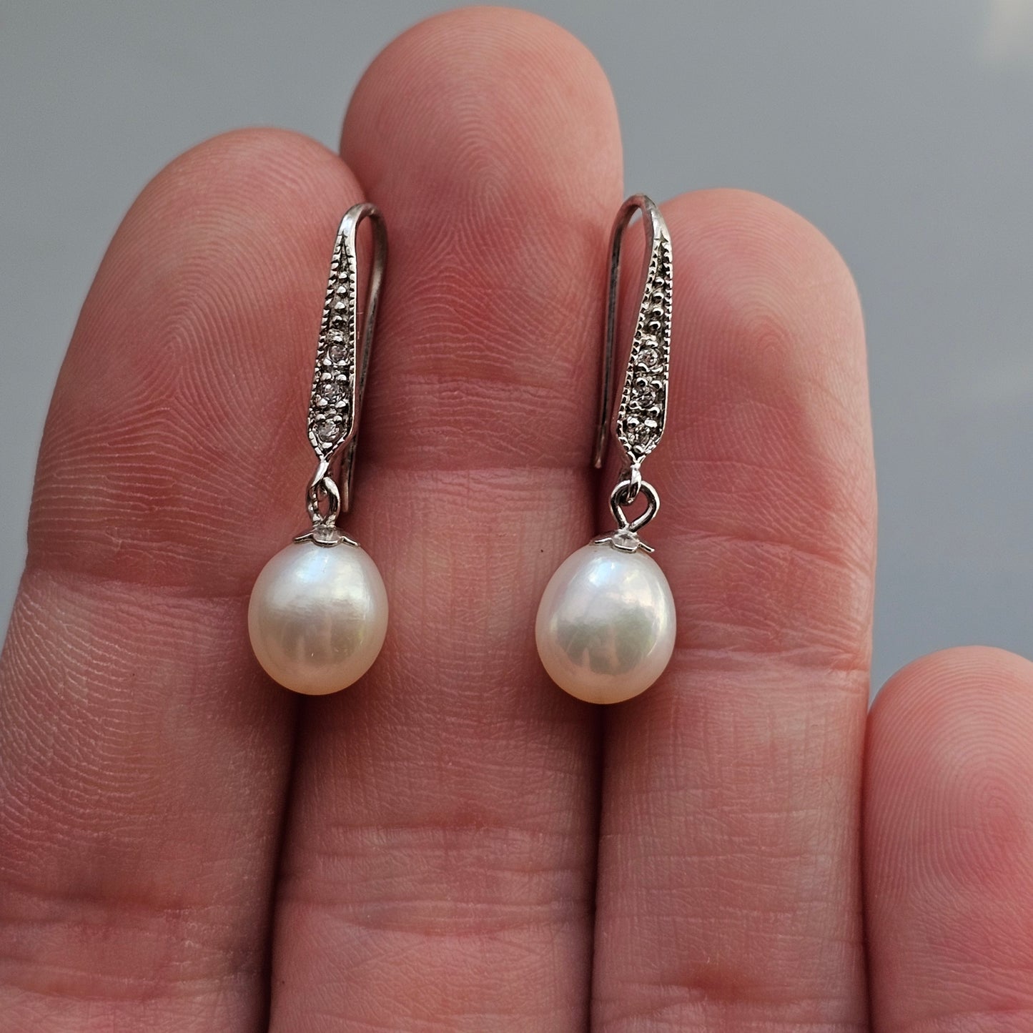Sterling Silver Pearl and Clear Stone Drop Earrings