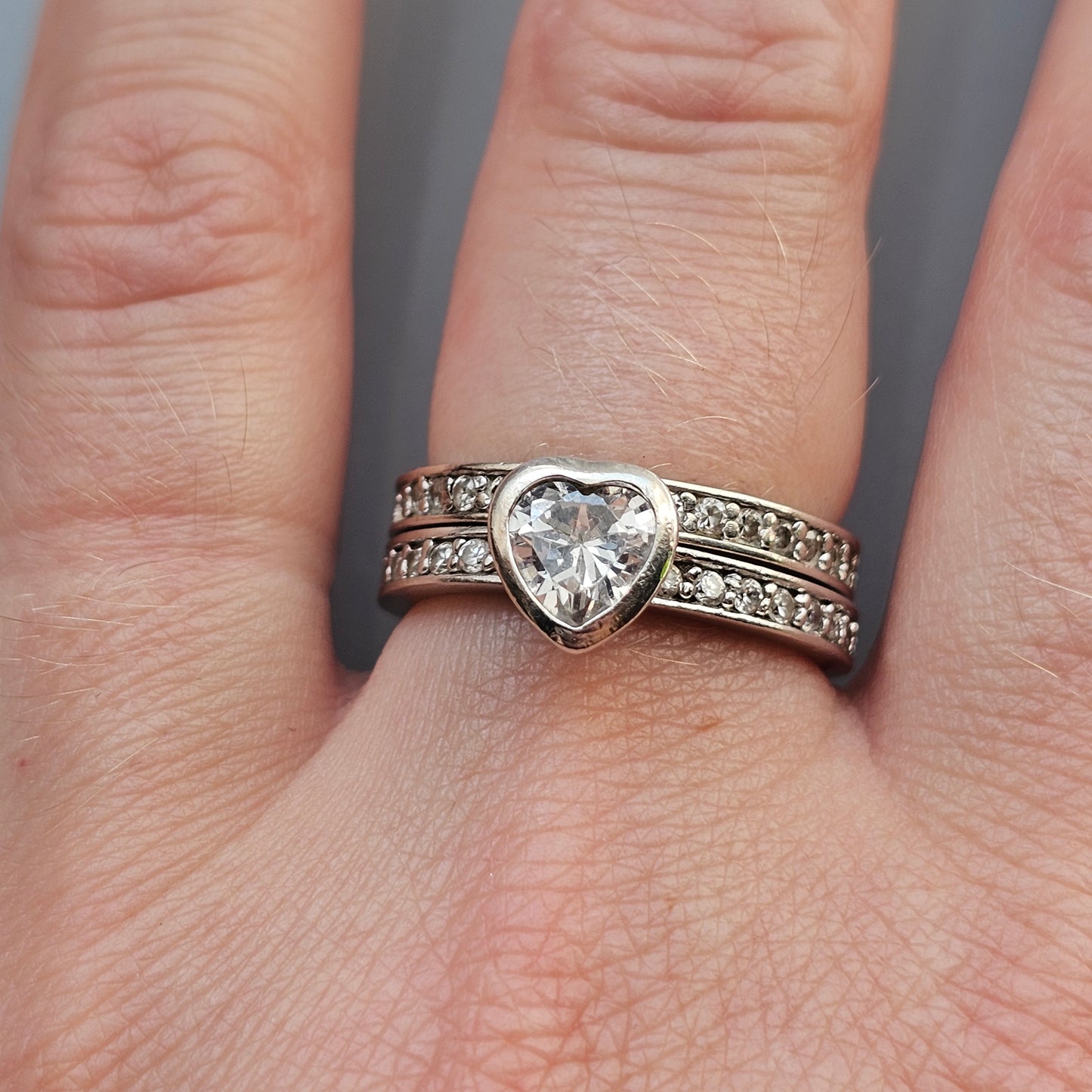 Sterling Silver Heart Wedding Engagement Ring Set
