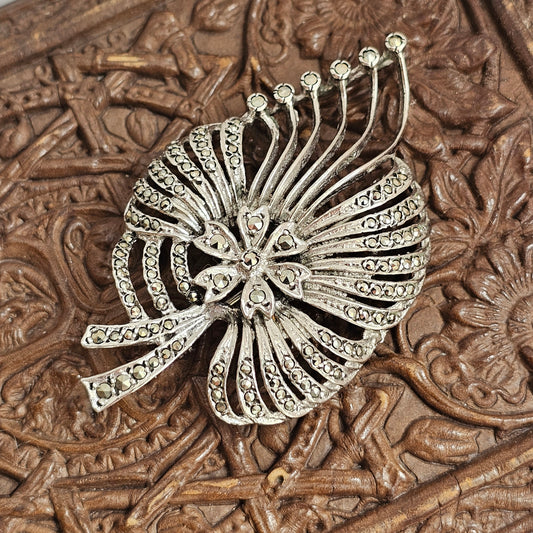 Vintage 1958 Sterling Silver Marcasite Floral Bow Brooch