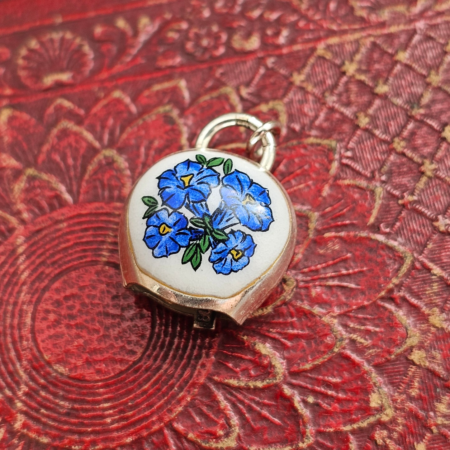 Vintage 800 Silver Blue Floral Enamel Cowbell Charm