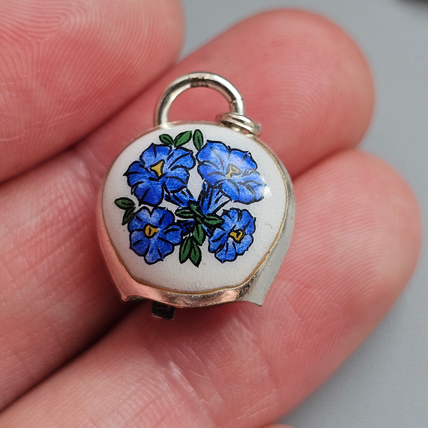 Vintage 800 Silver Blue Floral Enamel Cowbell Charm