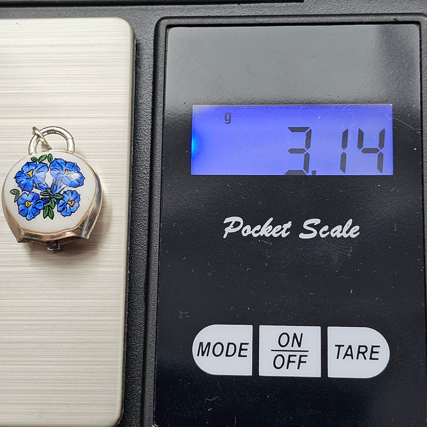 Vintage 800 Silver Blue Floral Enamel Cowbell Charm